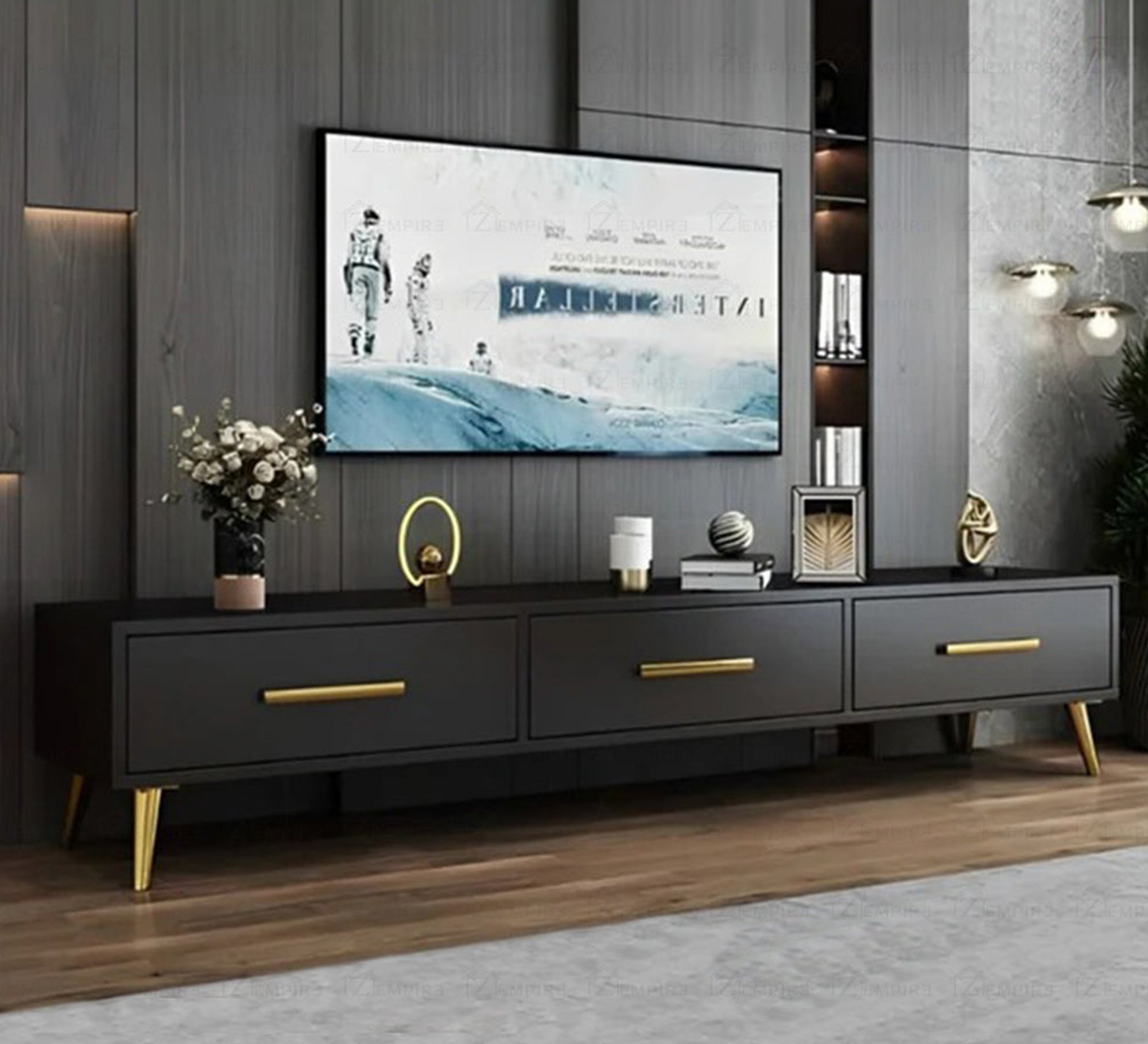 Black TV stand with luxurious gold legs and handles – Vitrine Furniture