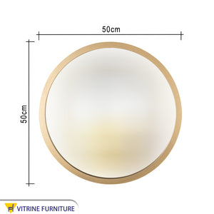 Circular mirror, 50 cm in diameter, with a wide wooden frame in golden color