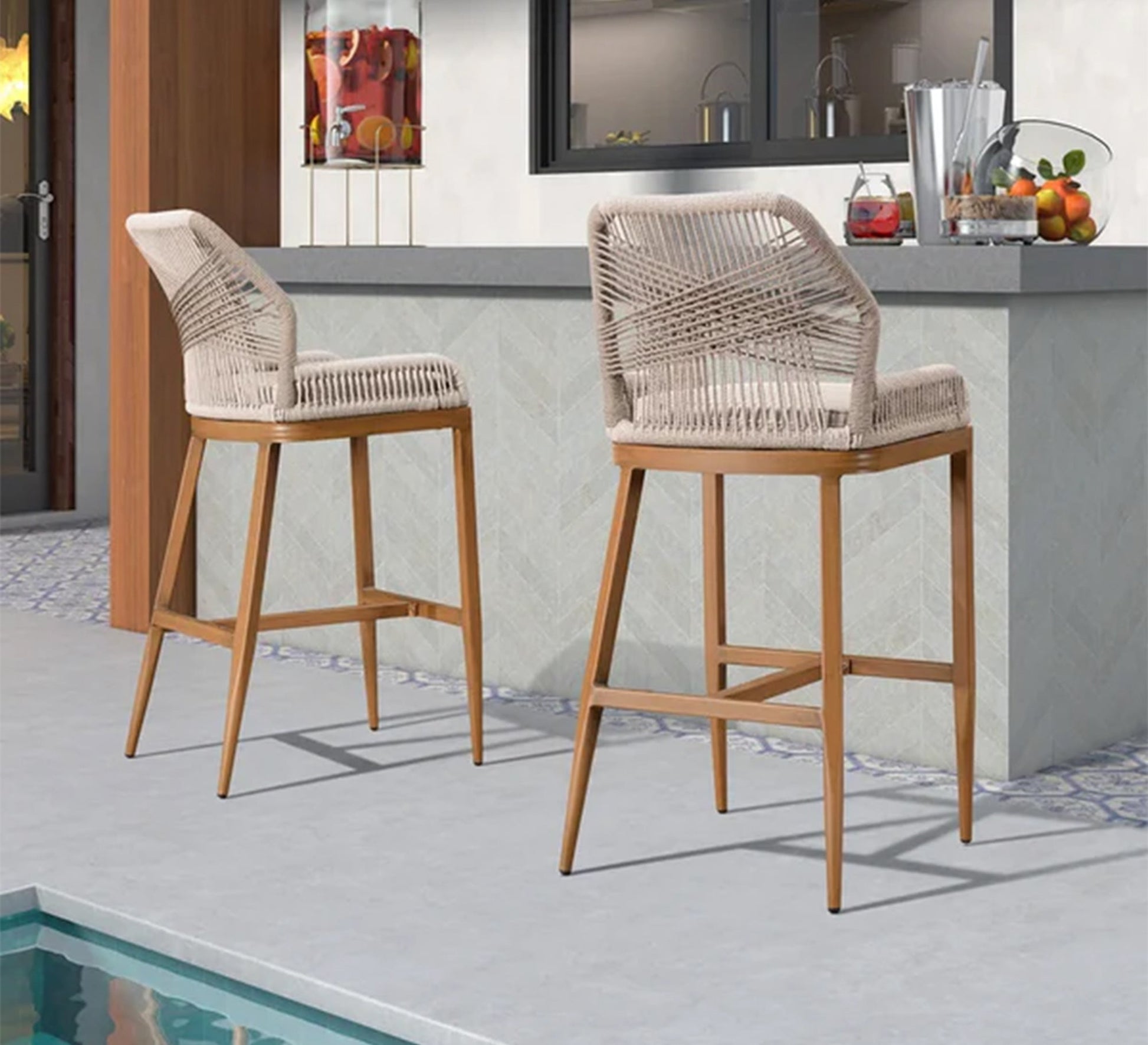 2 Beige rattan bar stool - Vitrine Furniture - Furniture