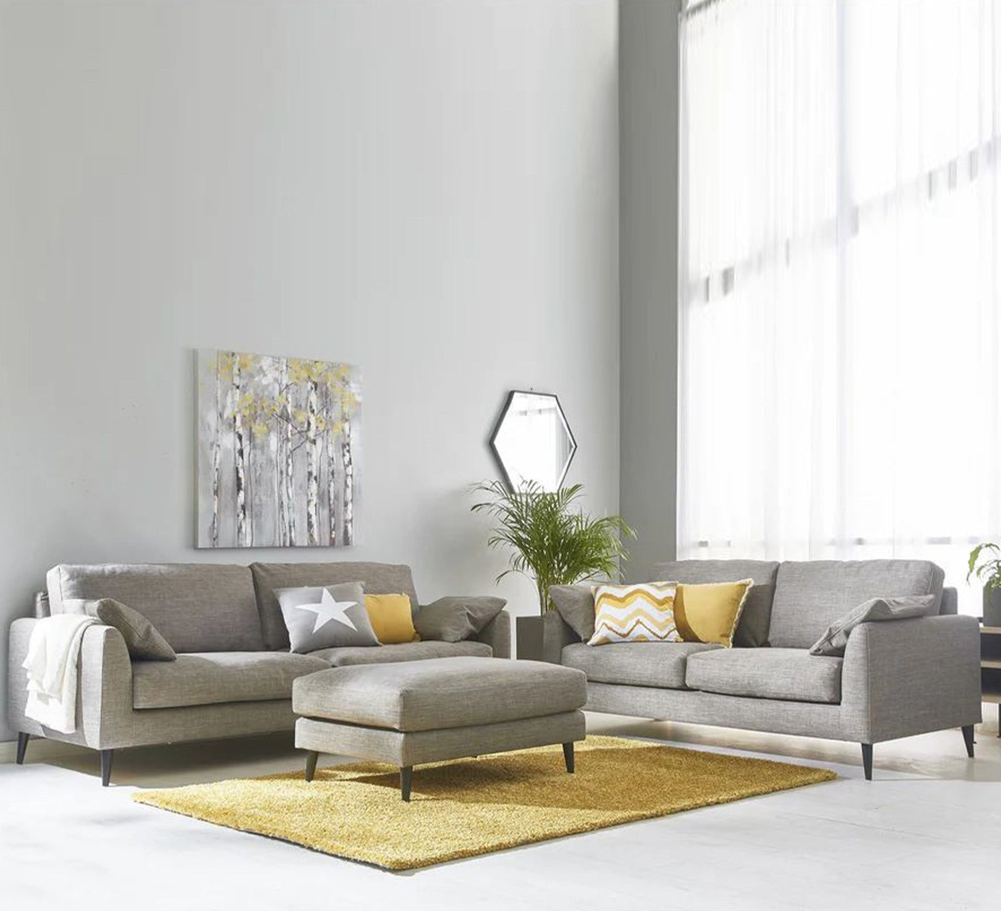 2 modern sofas in light grey + puff - Vitrine Furniture - Living room Sofas