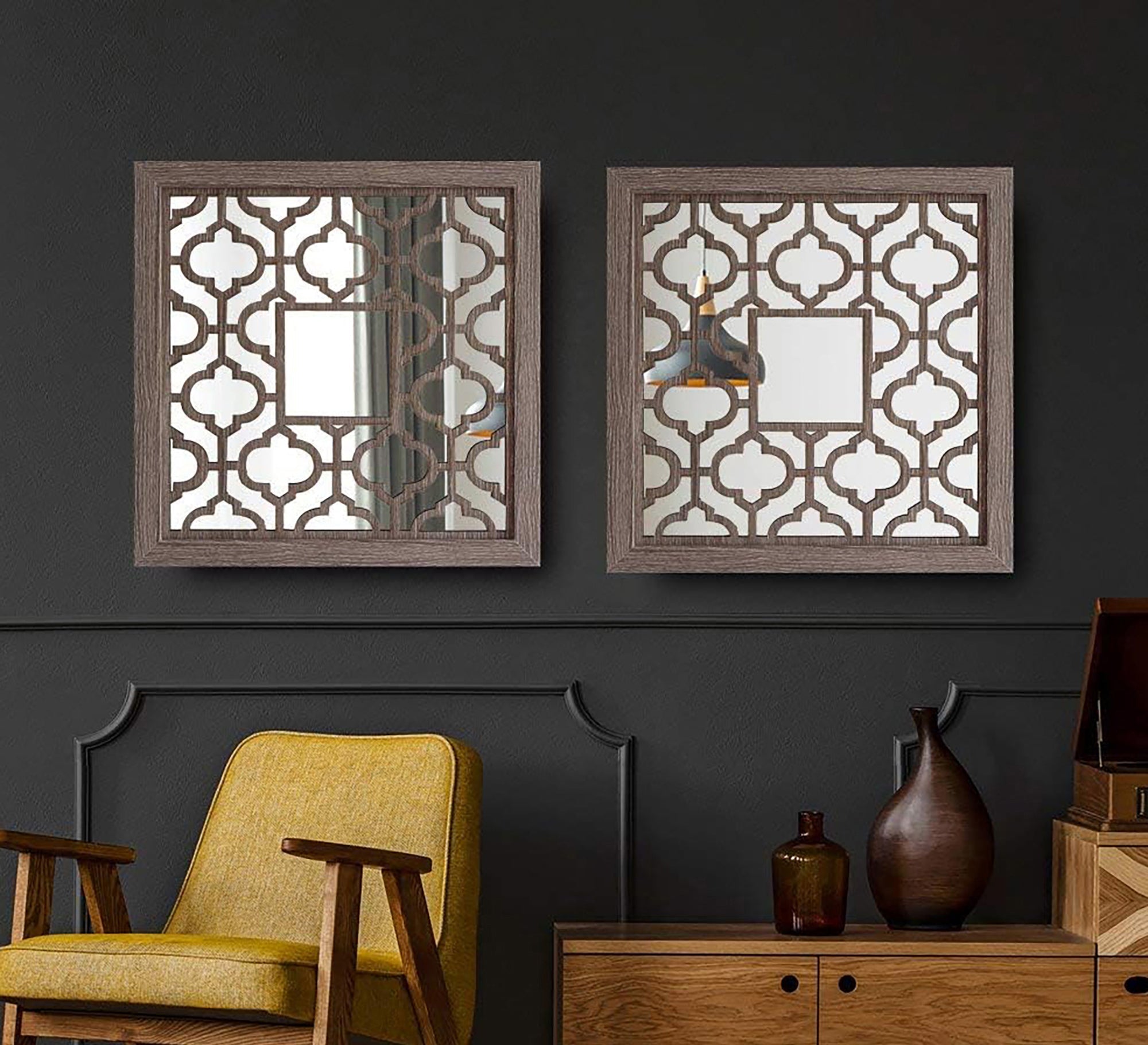 2 - piece mirror decorated with hollow wood - Vitrine Furniture - Décor