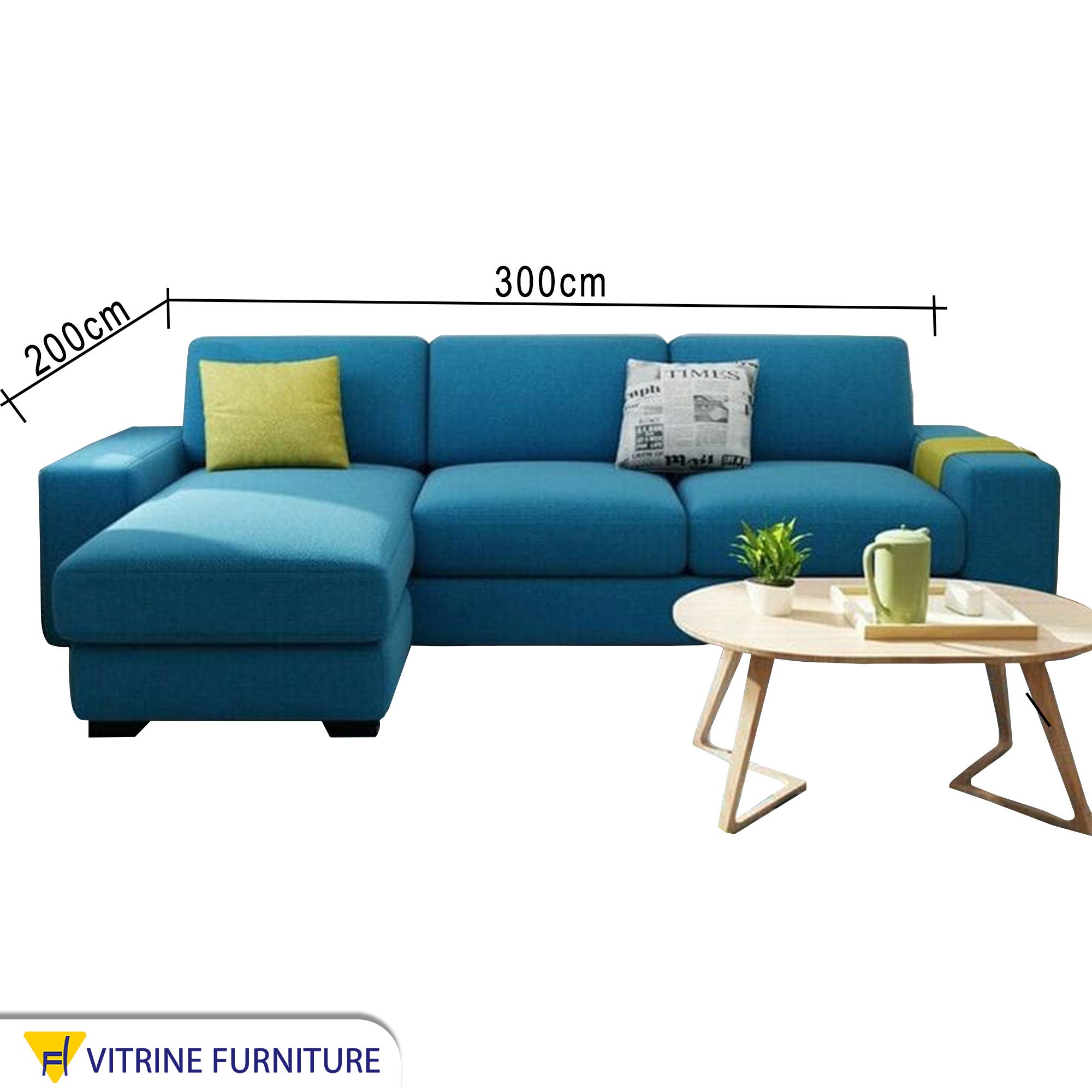 Corner L-shaped living room in light turquoise color