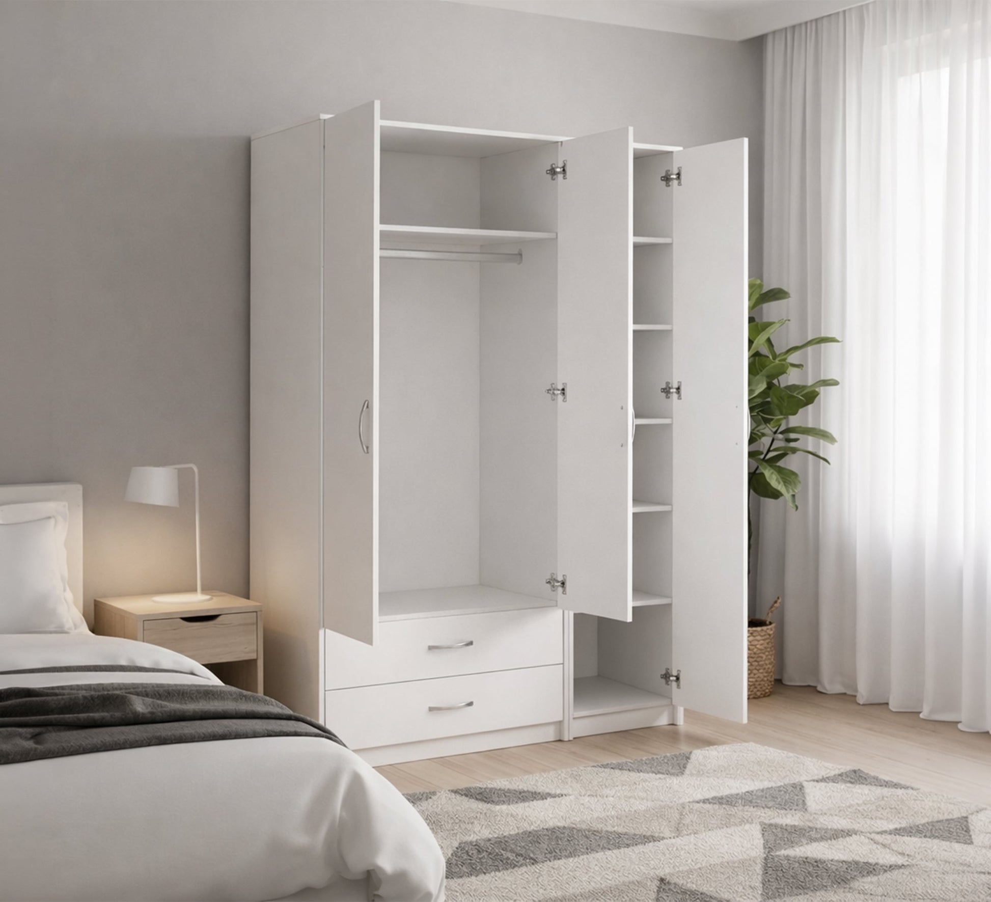 3 - Door Cupboard: Sleek White Mirrored Elegance - Vitrine Furniture - Wardrobes