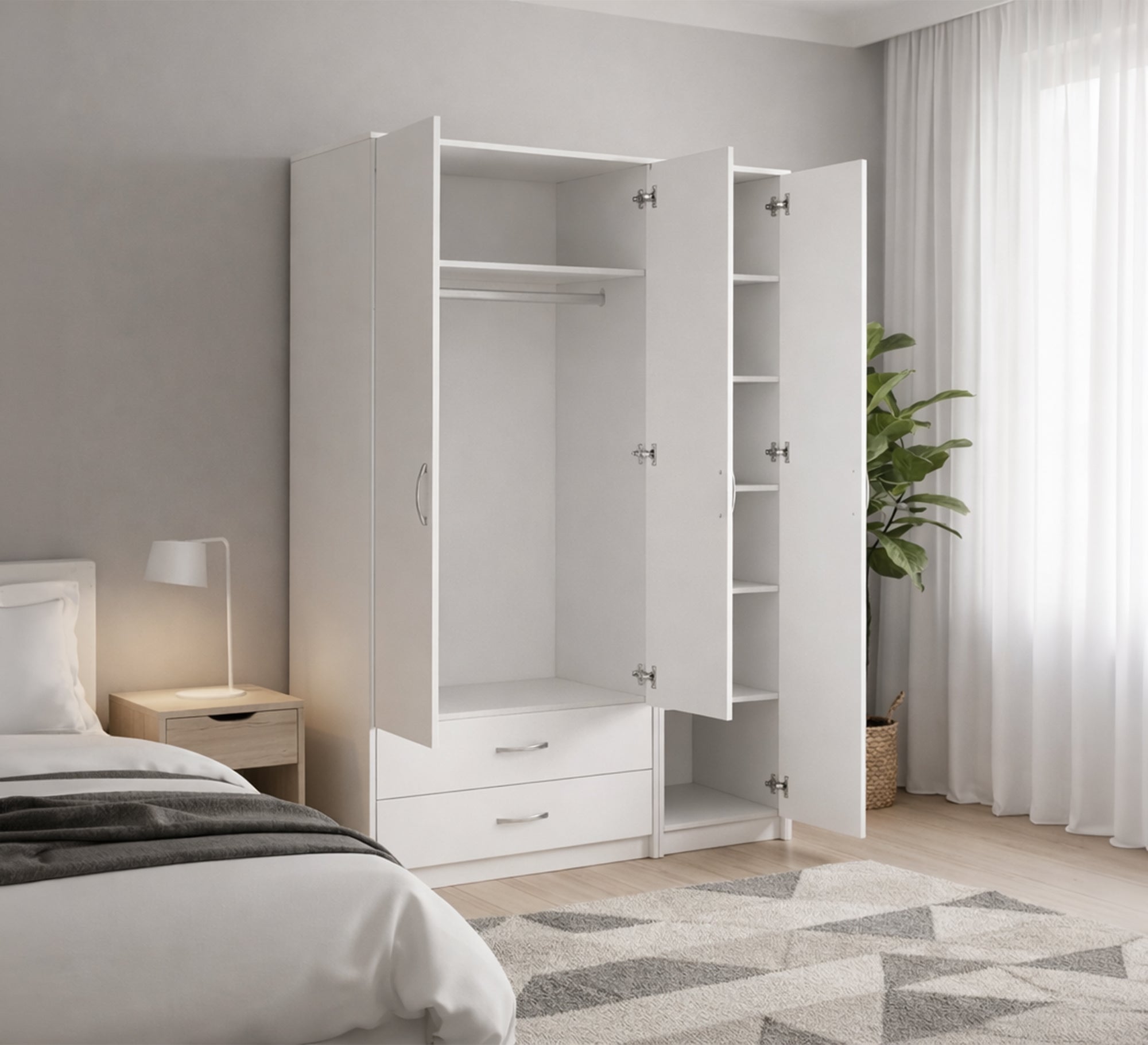 3 - Door Cupboard: Sleek White Mirrored Elegance - Vitrine Furniture - Wardrobes