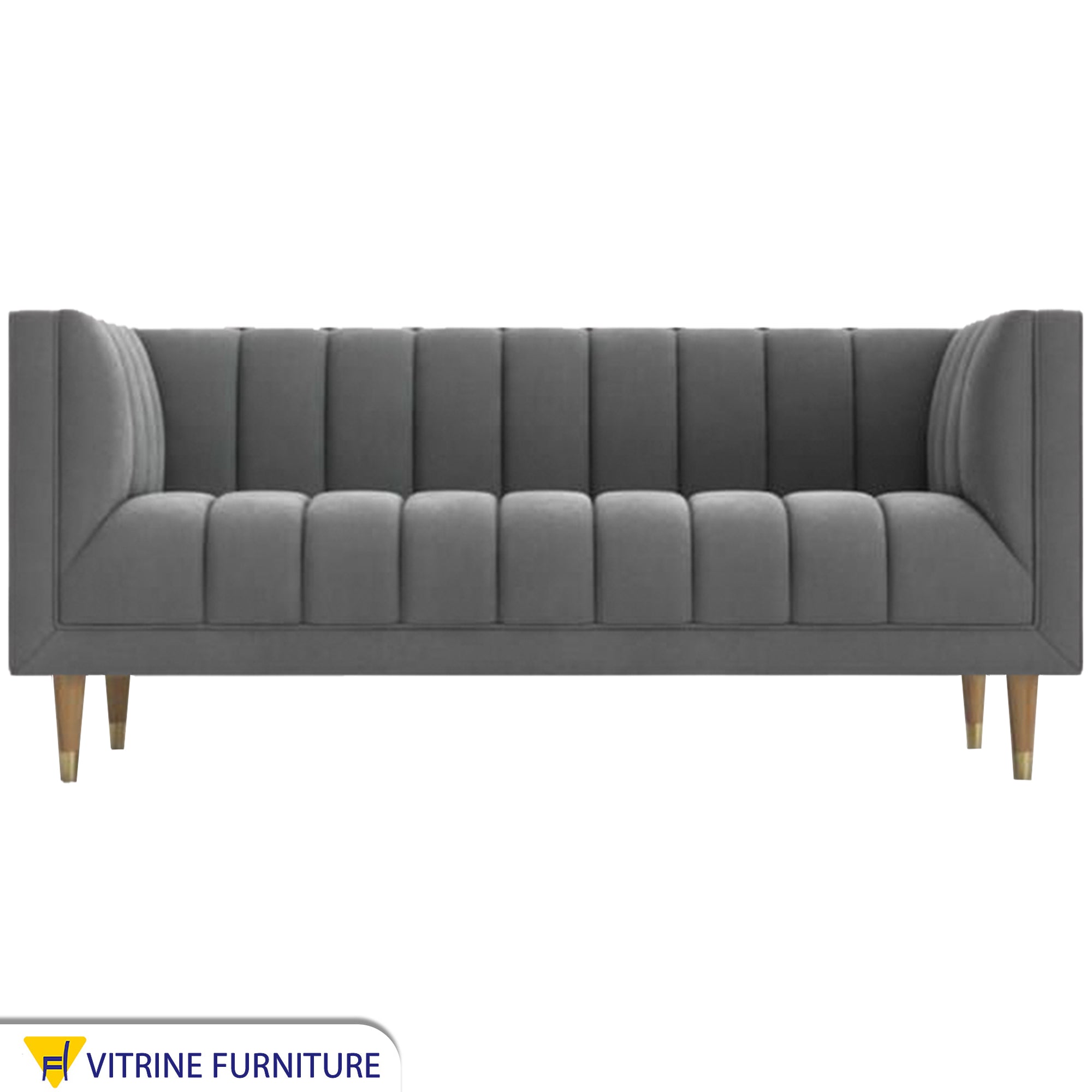 Gray sofa with recessed lines on the back and base