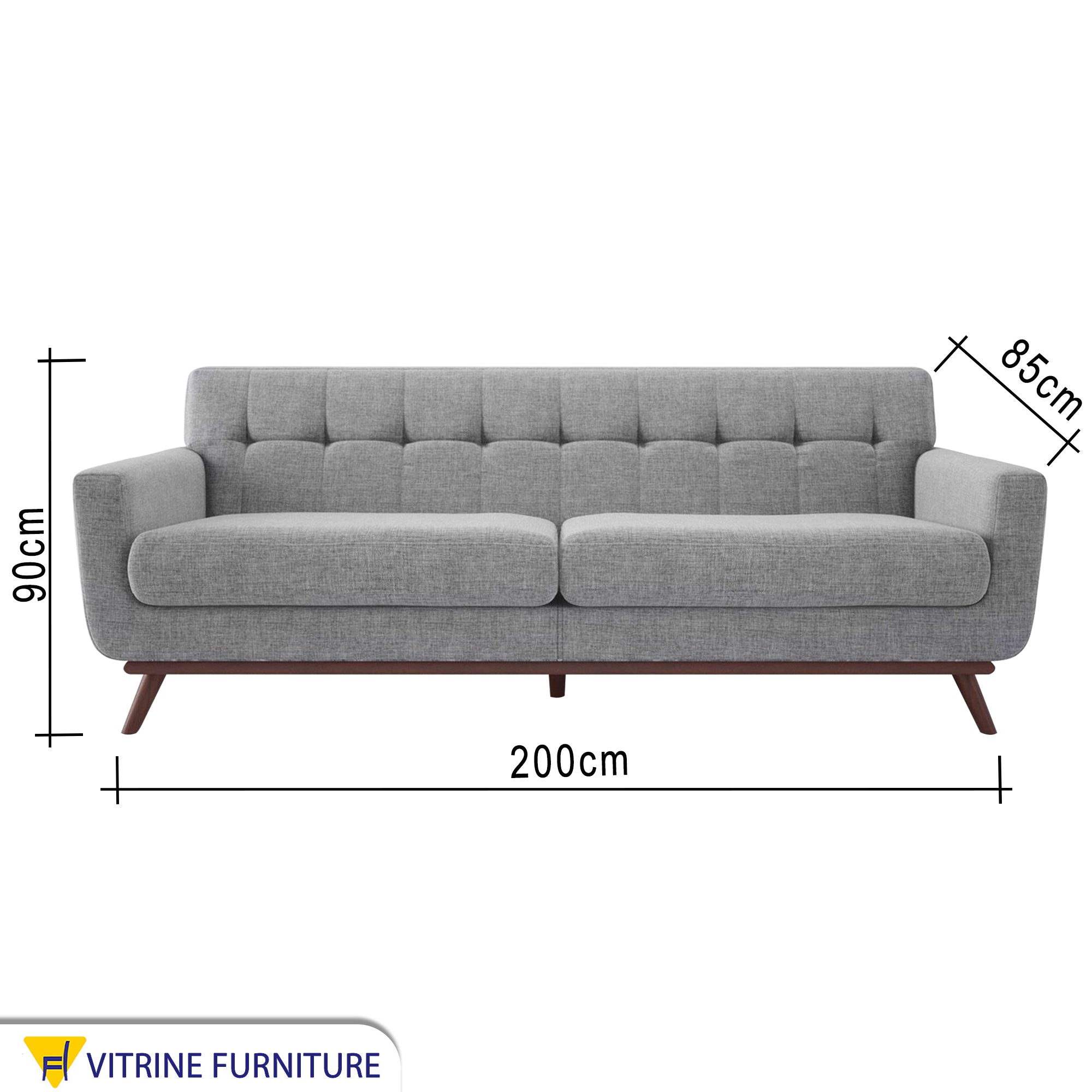 Gray sofa with slanted wooden legs