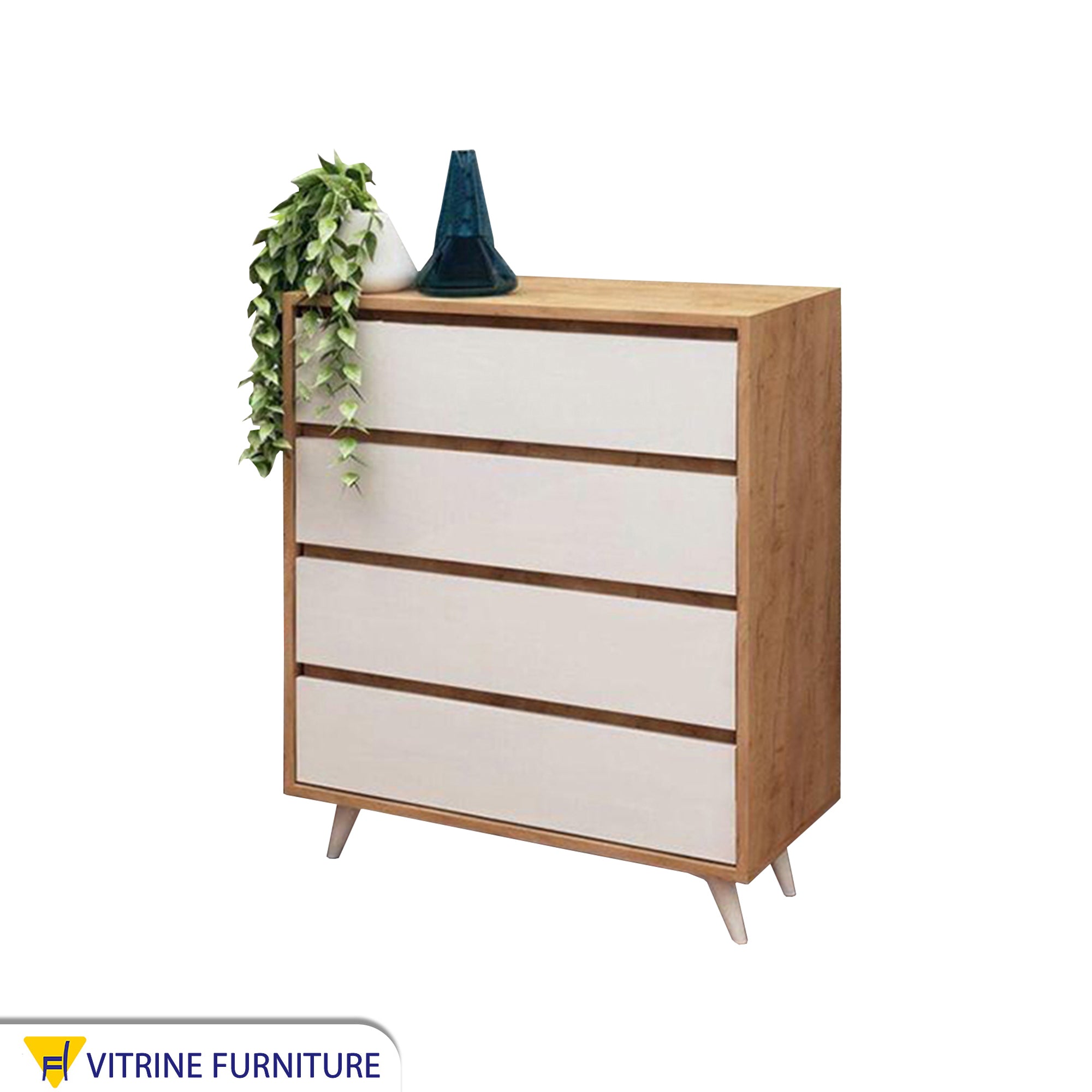 White drawer unit with wooden legs