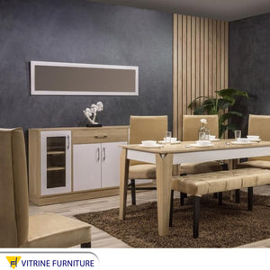 Dining room in wooden beige and white