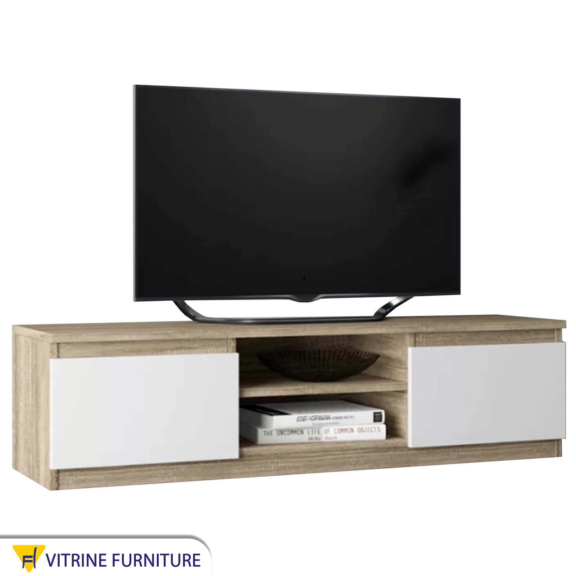 Beige wooden TV unit with white leaves