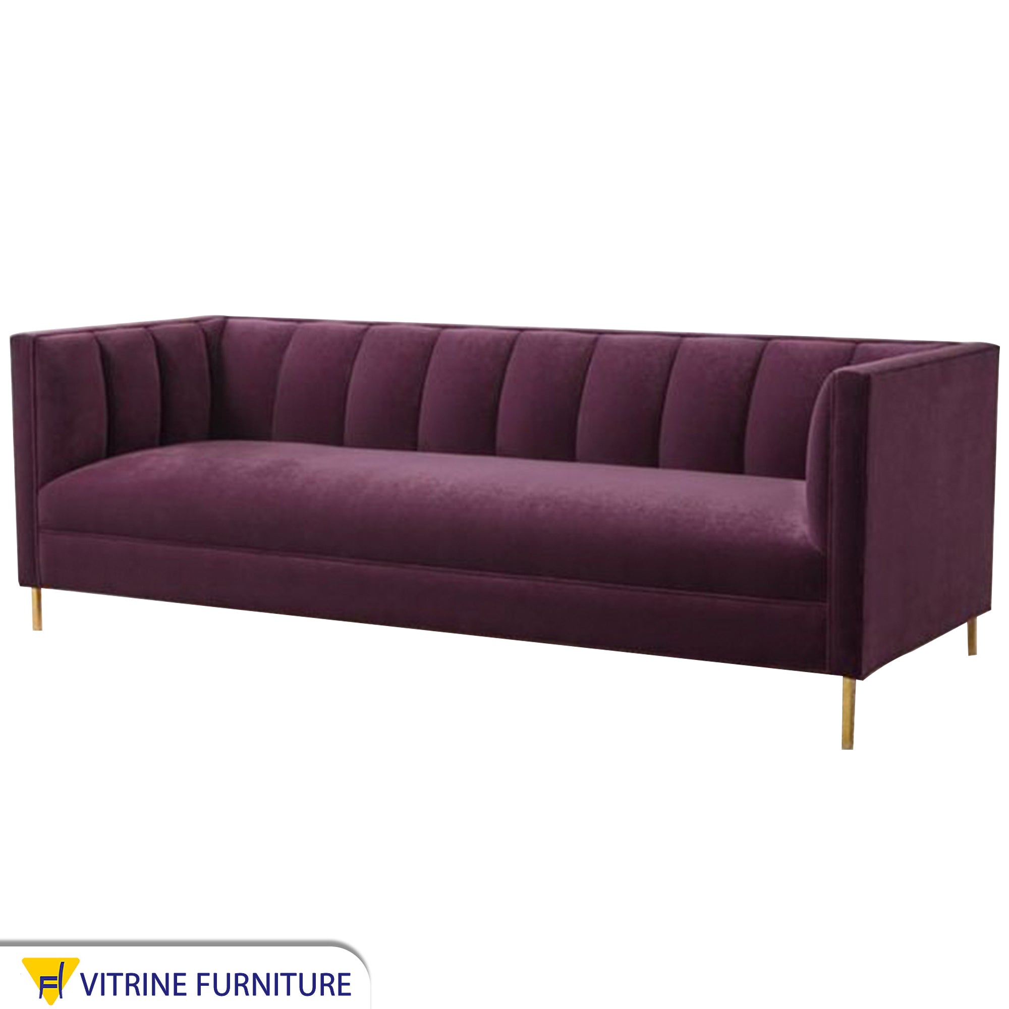 A burgundy sofa with successive recessed lines on the backrest