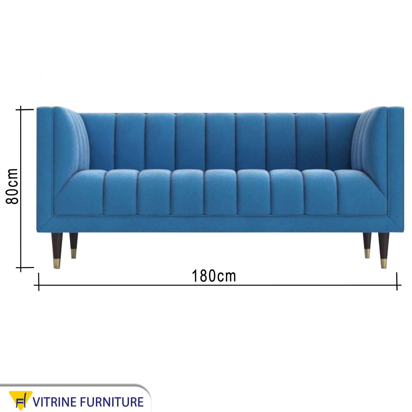 Baby blue sofa with recessed lines on the back and base