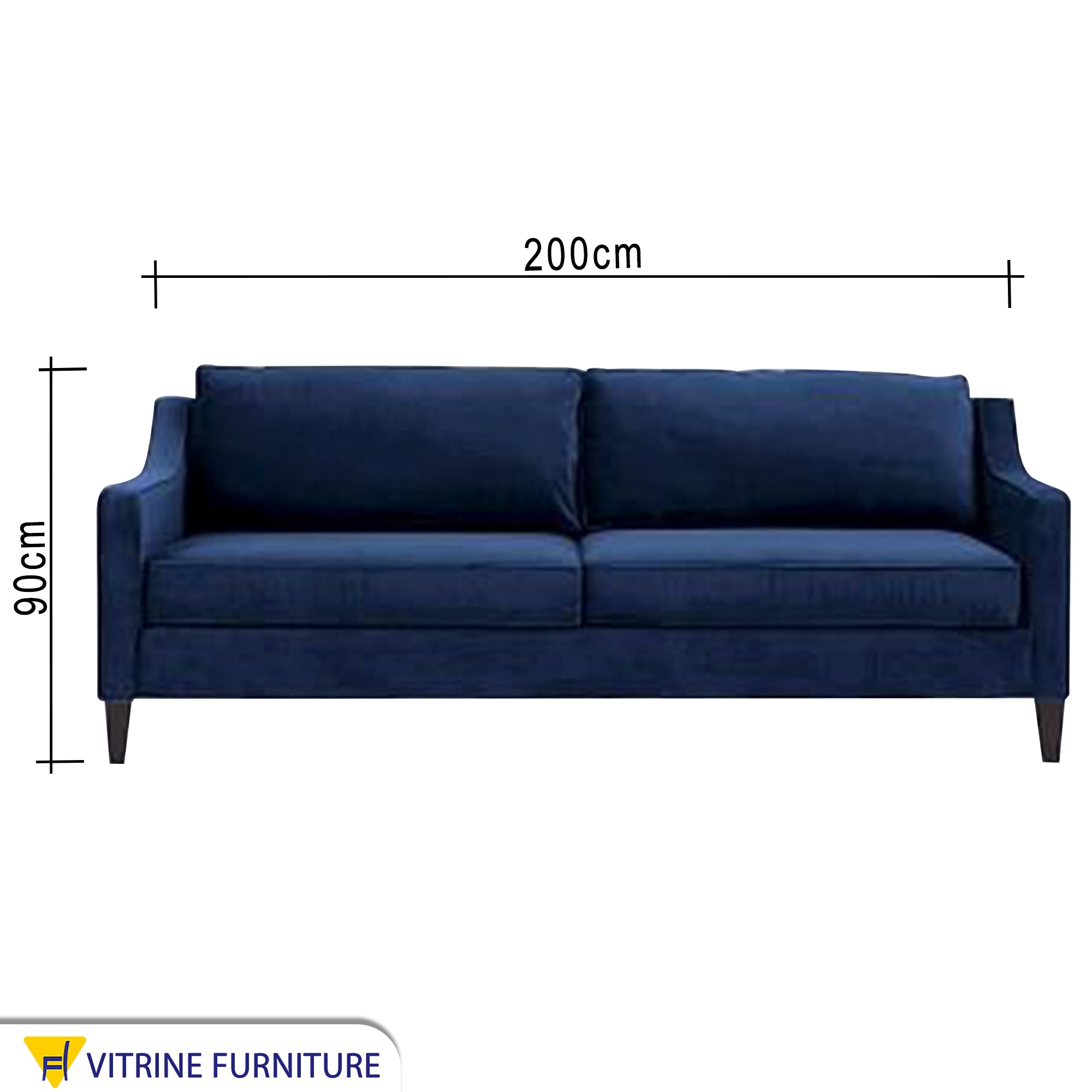 Blue sofa with curved armrests