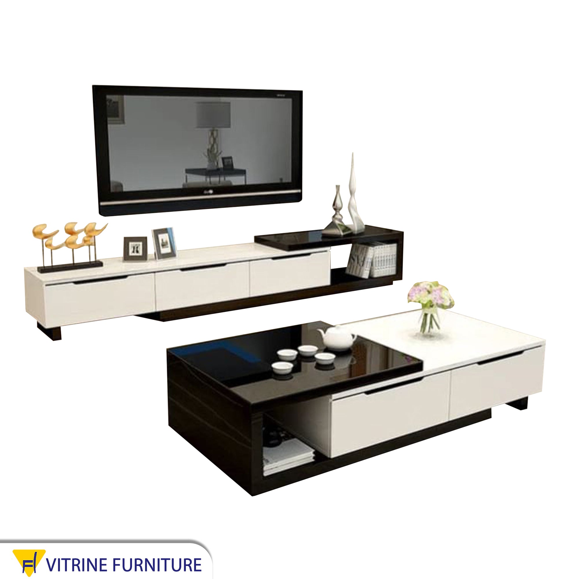 A black and white TV table and middle table