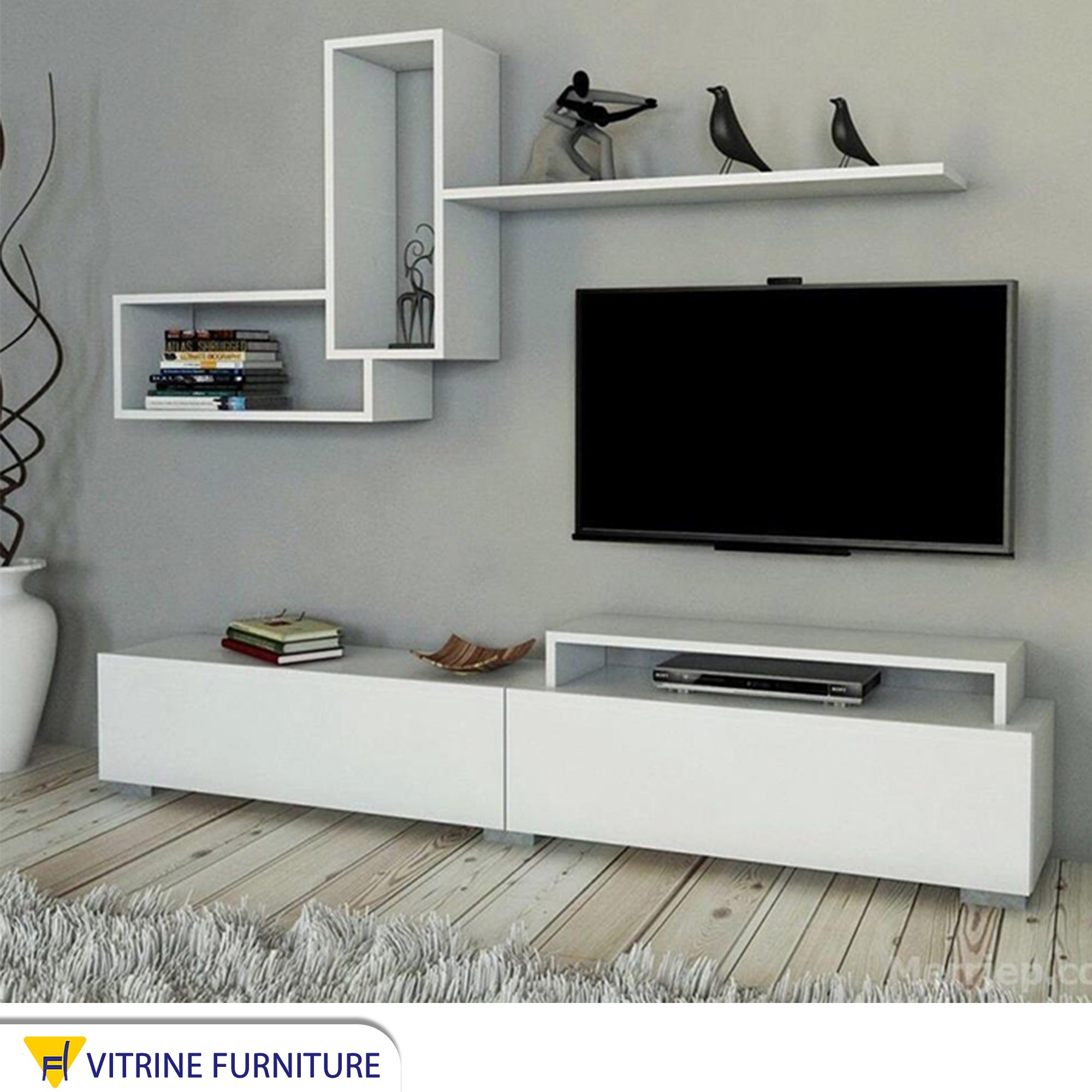 White screen TV unit with upper shelves
