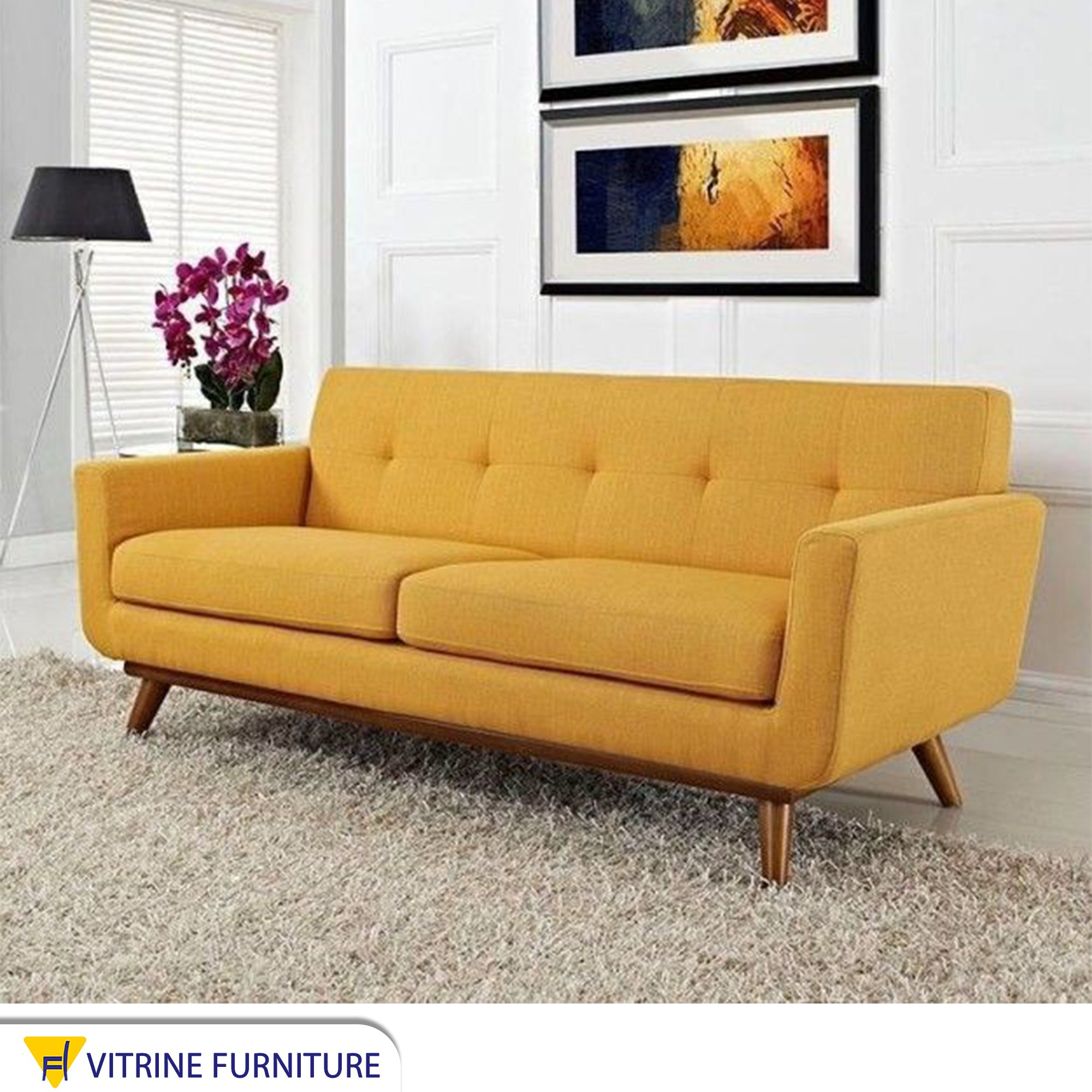 Camel yellow sofa with slanted legs