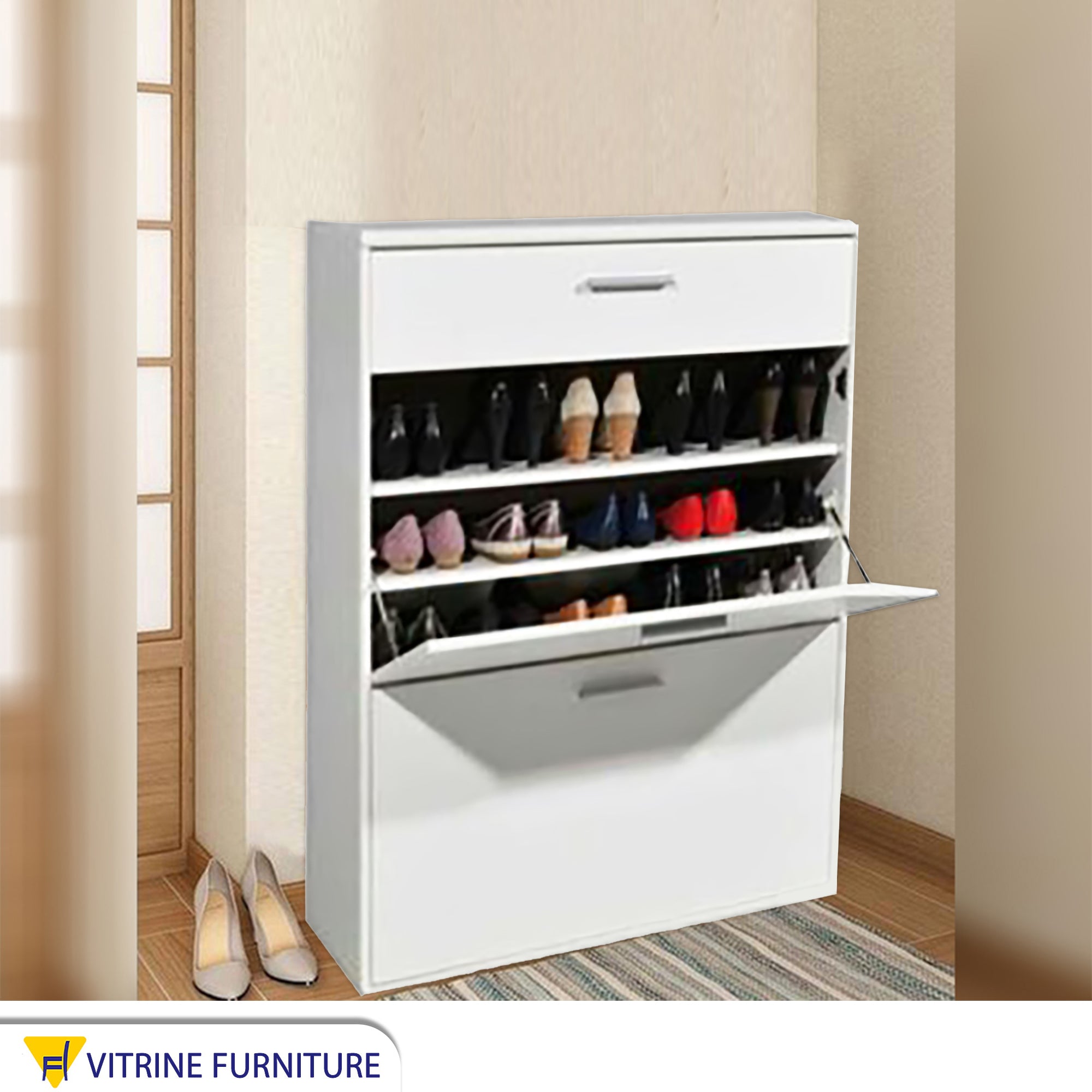 White shoe cabinet with multiple shelves