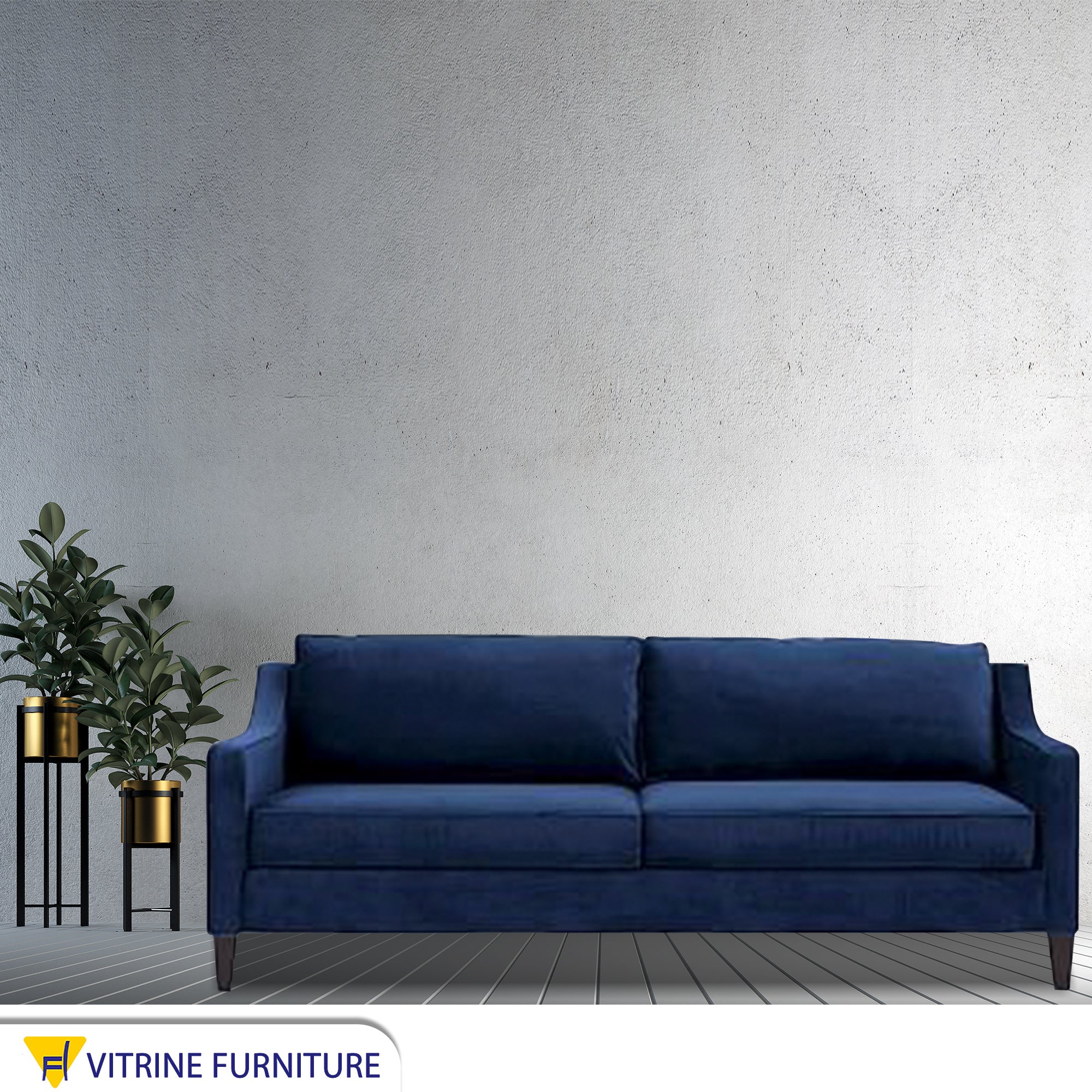 Blue sofa with curved armrests