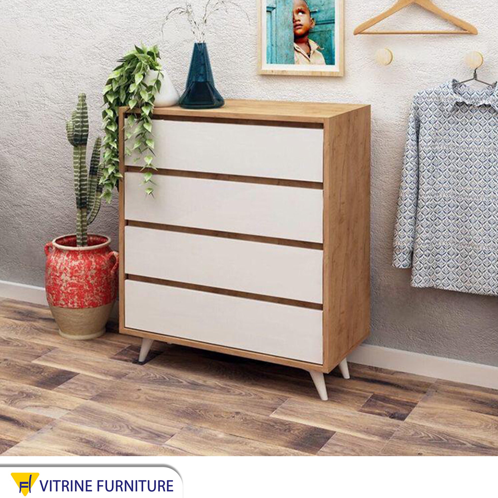 White drawer unit with wooden legs