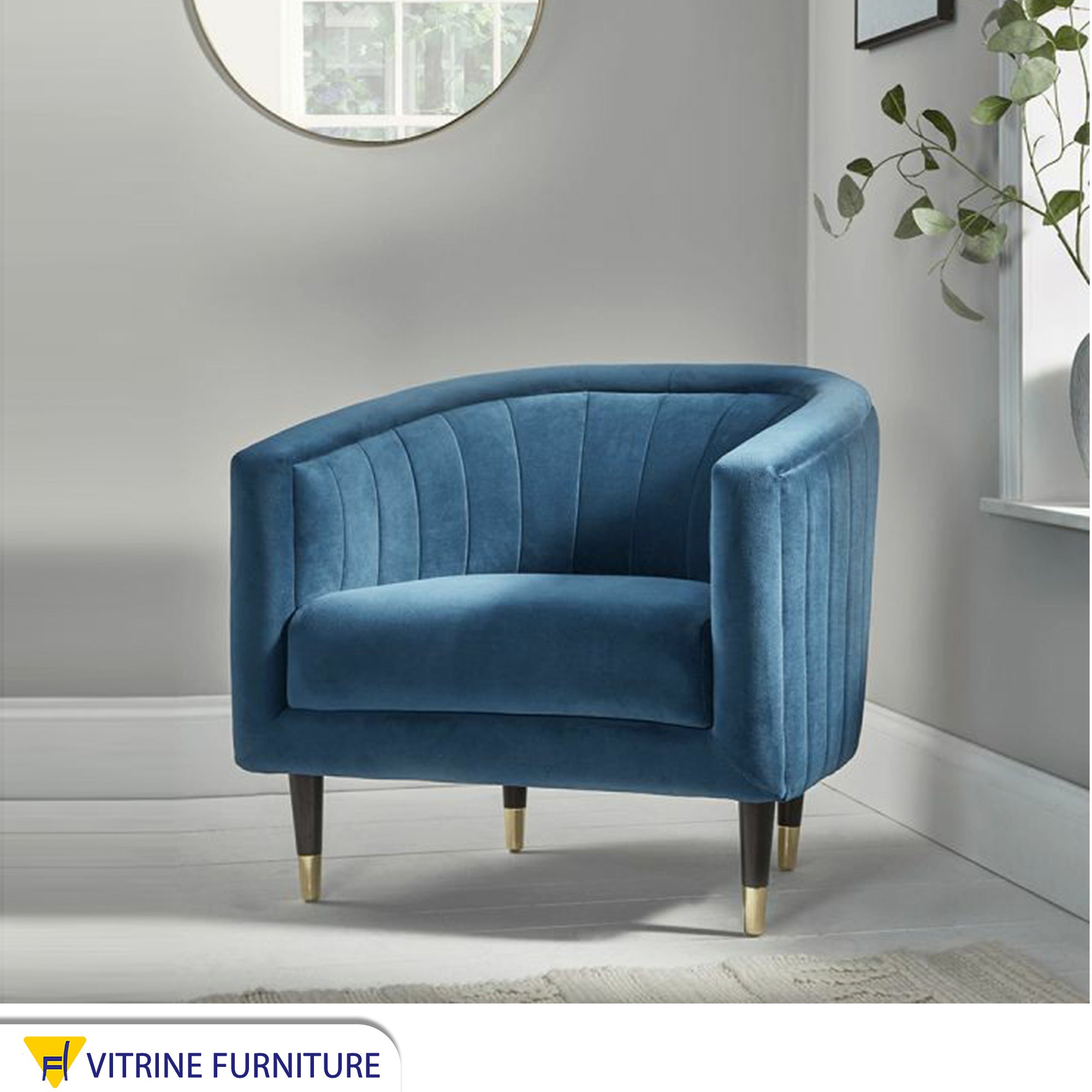 A blue floral chair with longitudinal stitching from the inside and outside