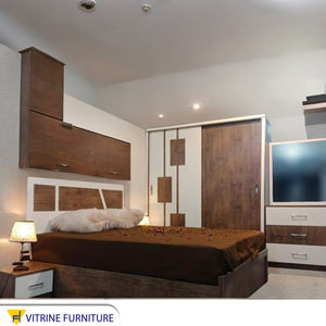 Wooden brown bedroom for youth with sliding wardrobe