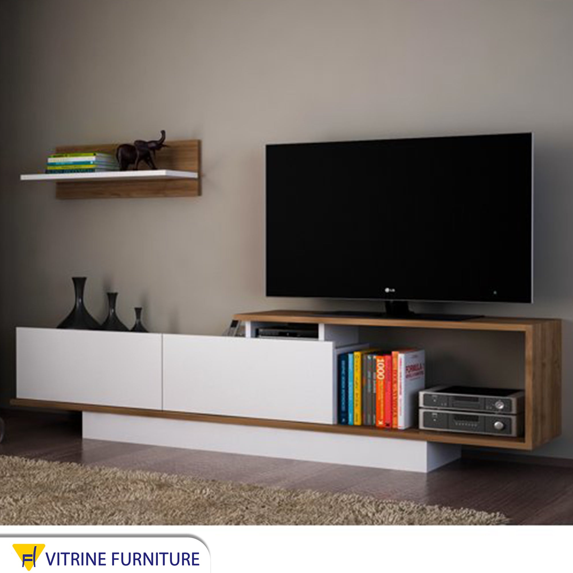 A TV unit with a side letter C and two drawers