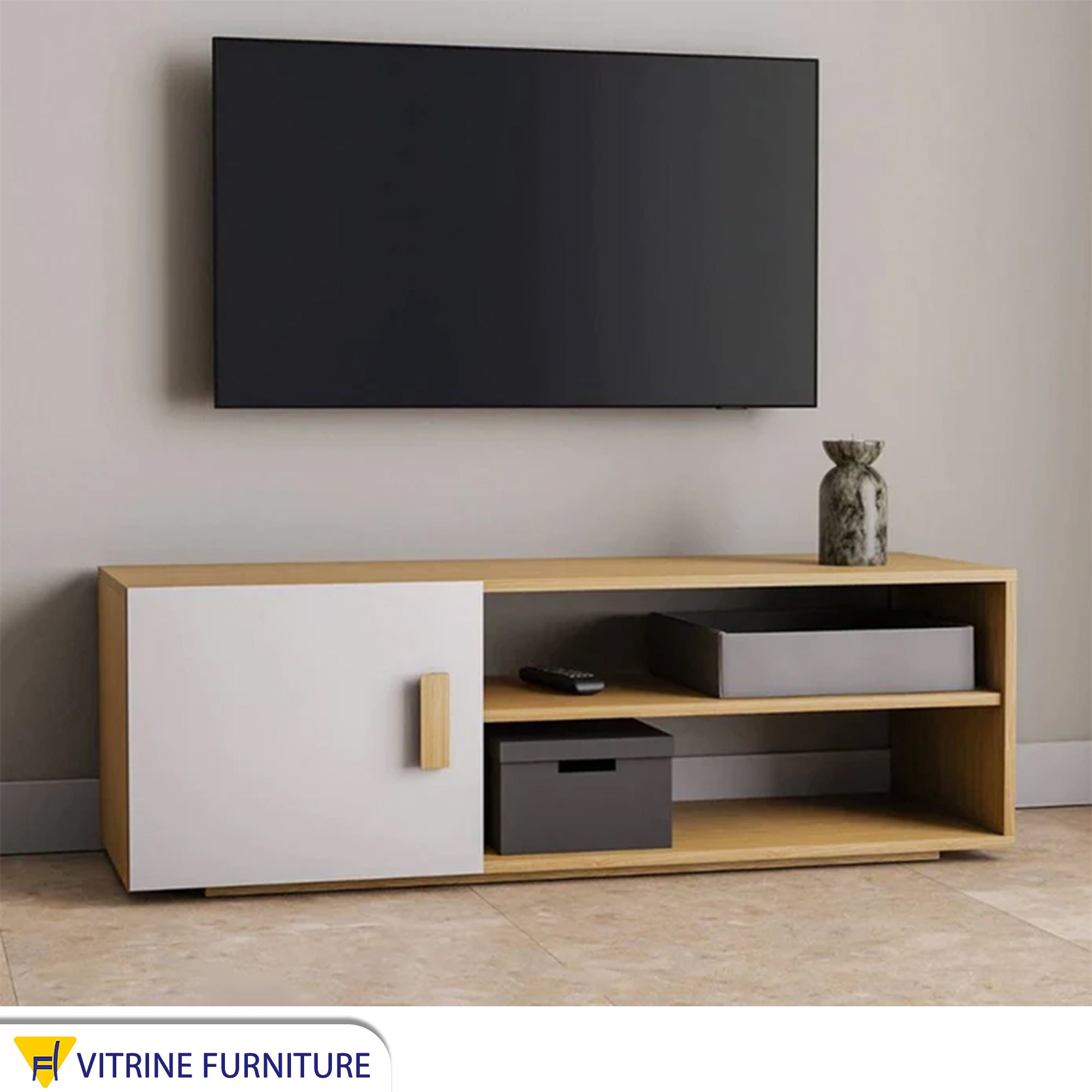 TV unit with two shelves and a movable shutter