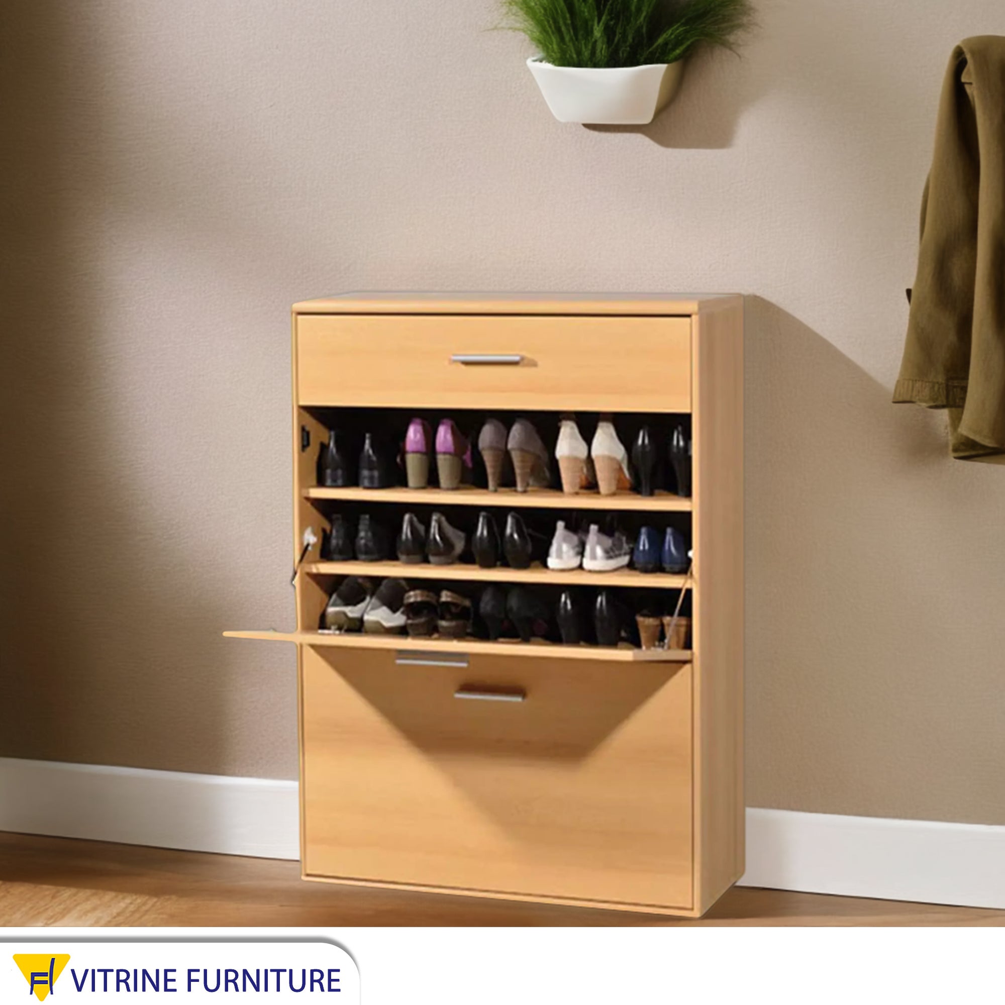 Shoe rack with two flap doors and a drawer