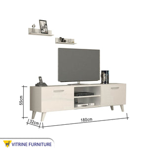 White TV screen unit with slanted legs