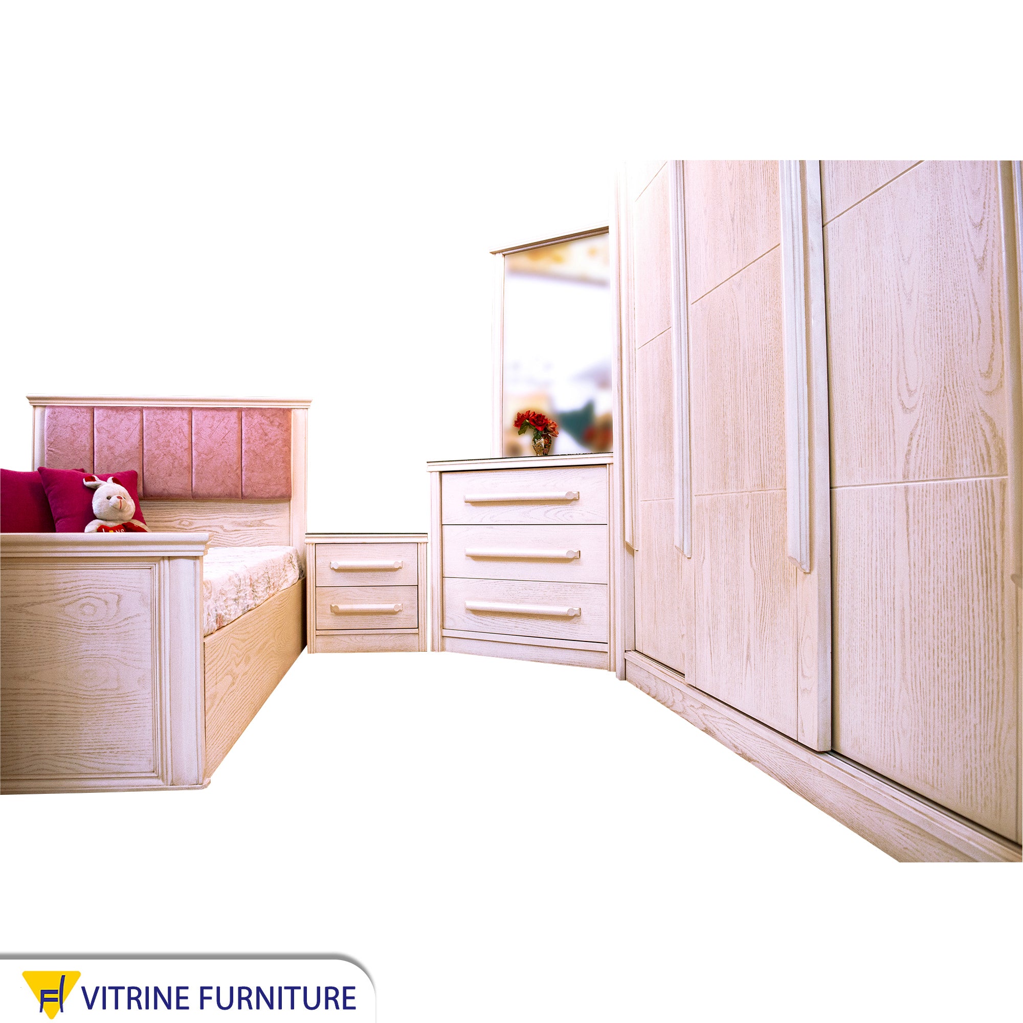 Junior bedroom with beige wood grain