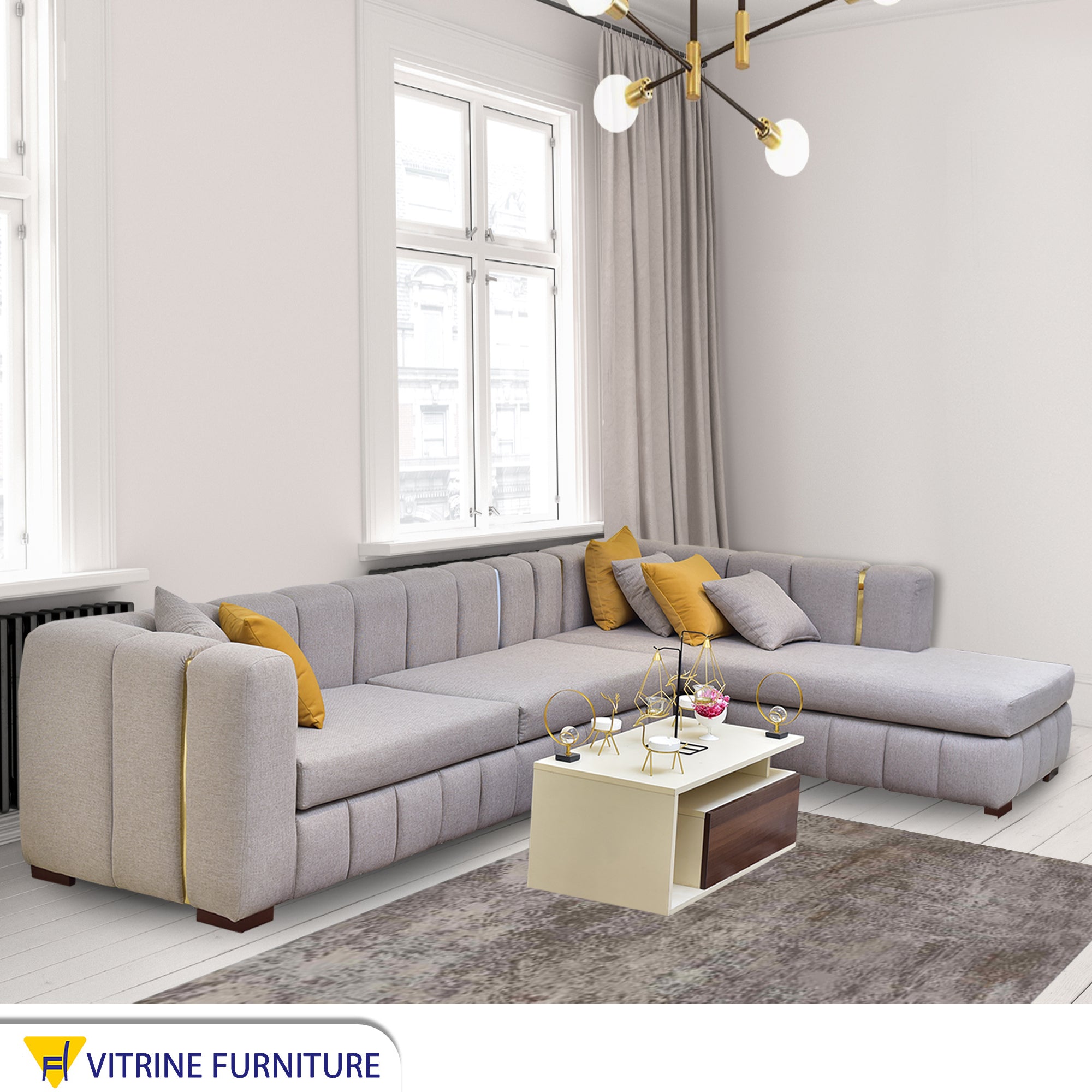 Living room corner, light brown upholstery, longitudinal stripes