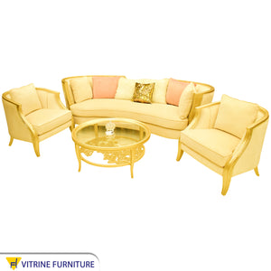Creamy Golden living room with high armrests and legs