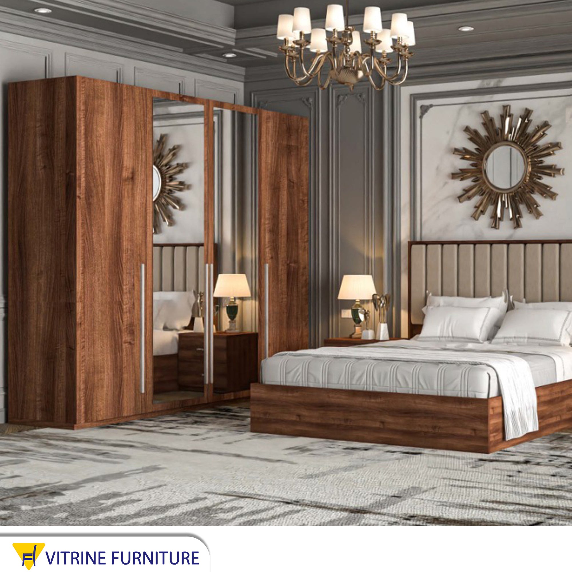 Brown wooden bedroom with movable shutters