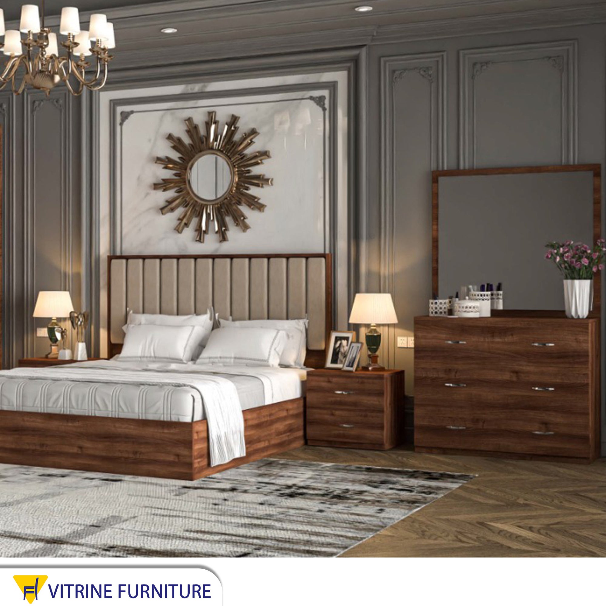 Brown wooden bedroom with movable shutters