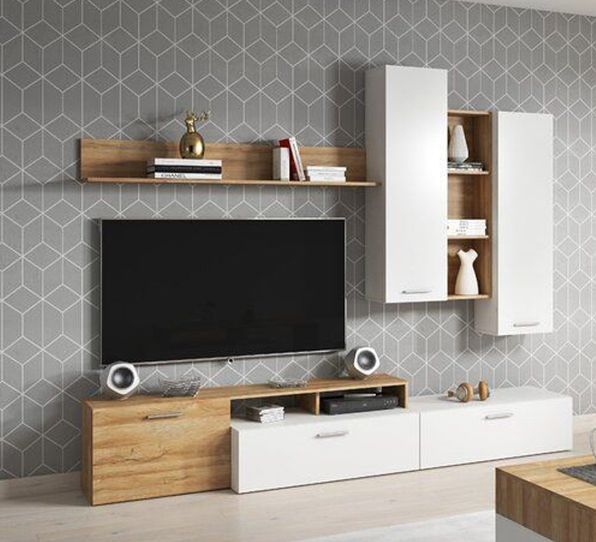 Sleek Style TV Unit: Elegant, Minimalist, White Two-Piece Design