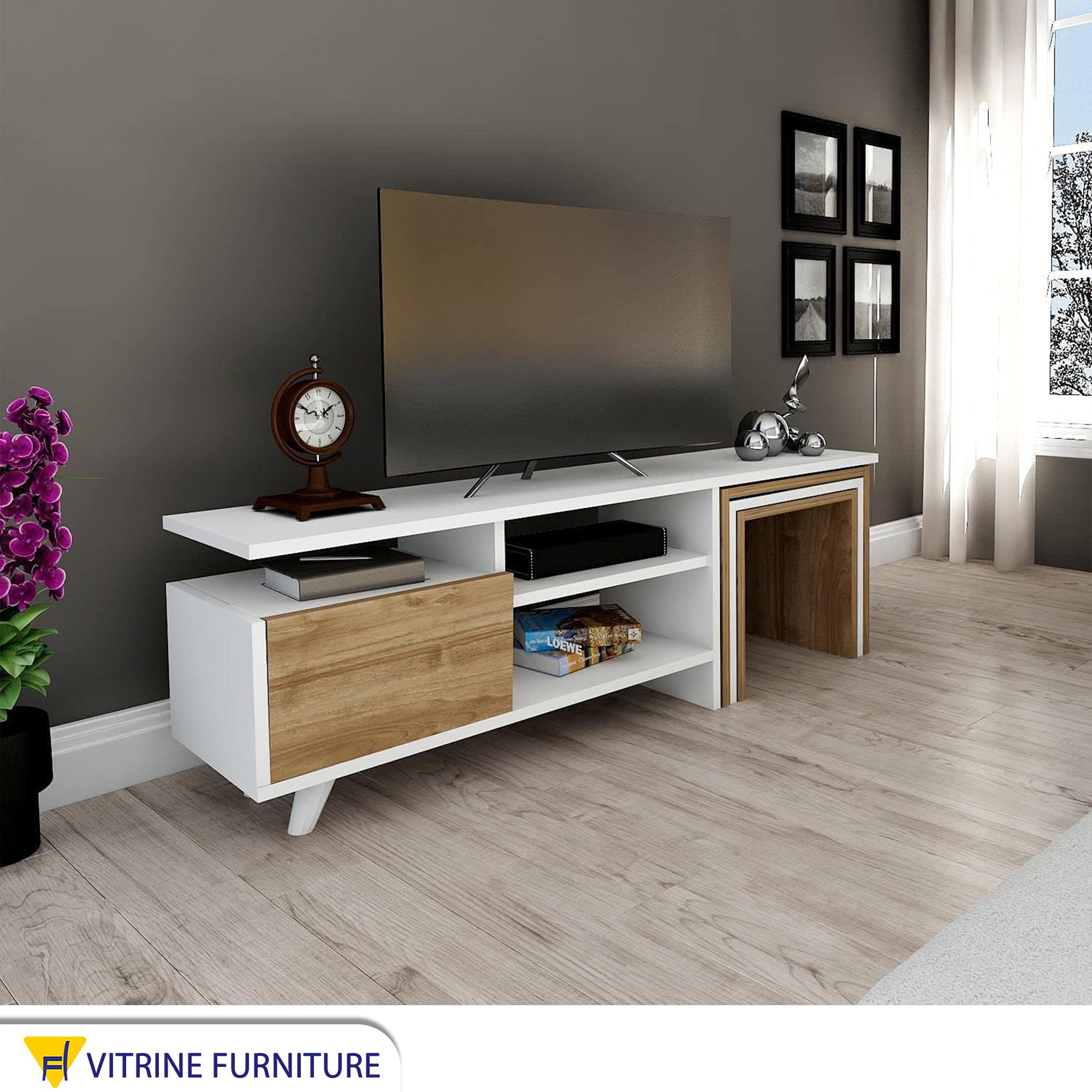 TV table in white and wooden color