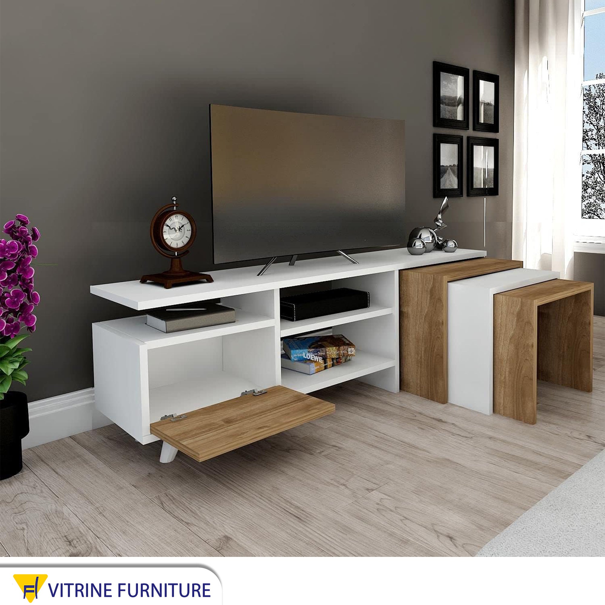 TV table in white and wooden color
