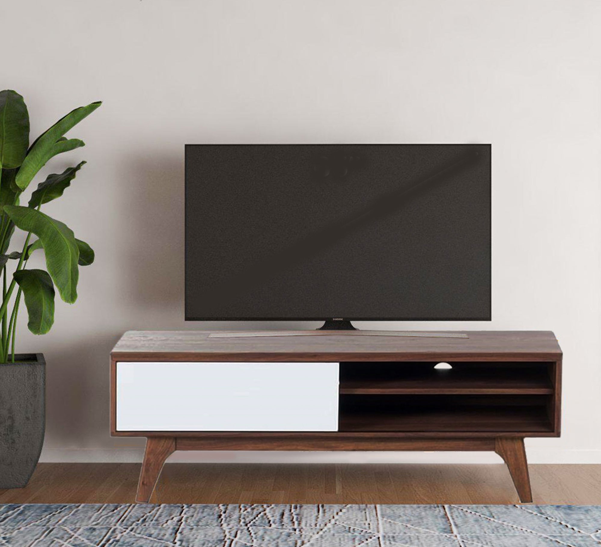 Sleek TV Table: Modern White & Rustic Brown Charm