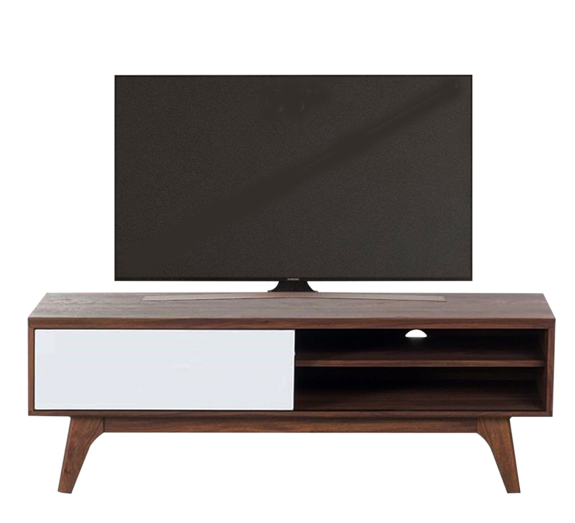 Sleek TV Table: Modern White & Rustic Brown Charm