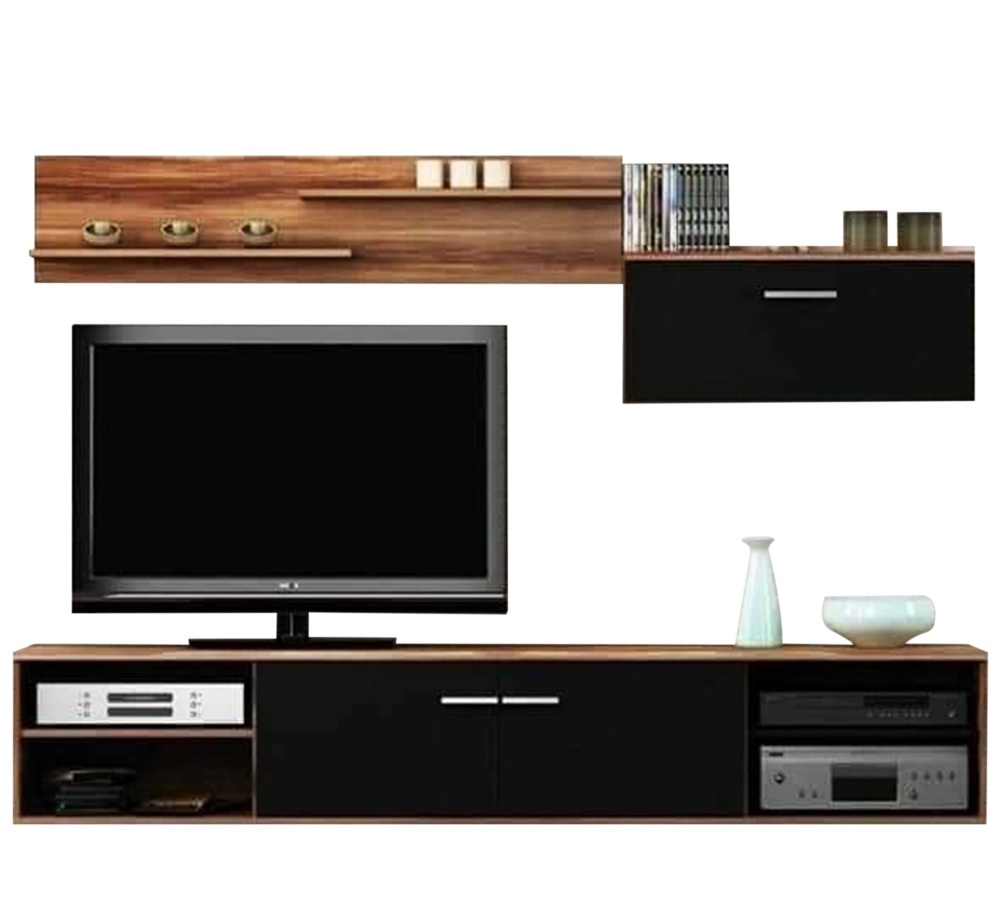 TV Table Sleek Black and Warm Brown Finish