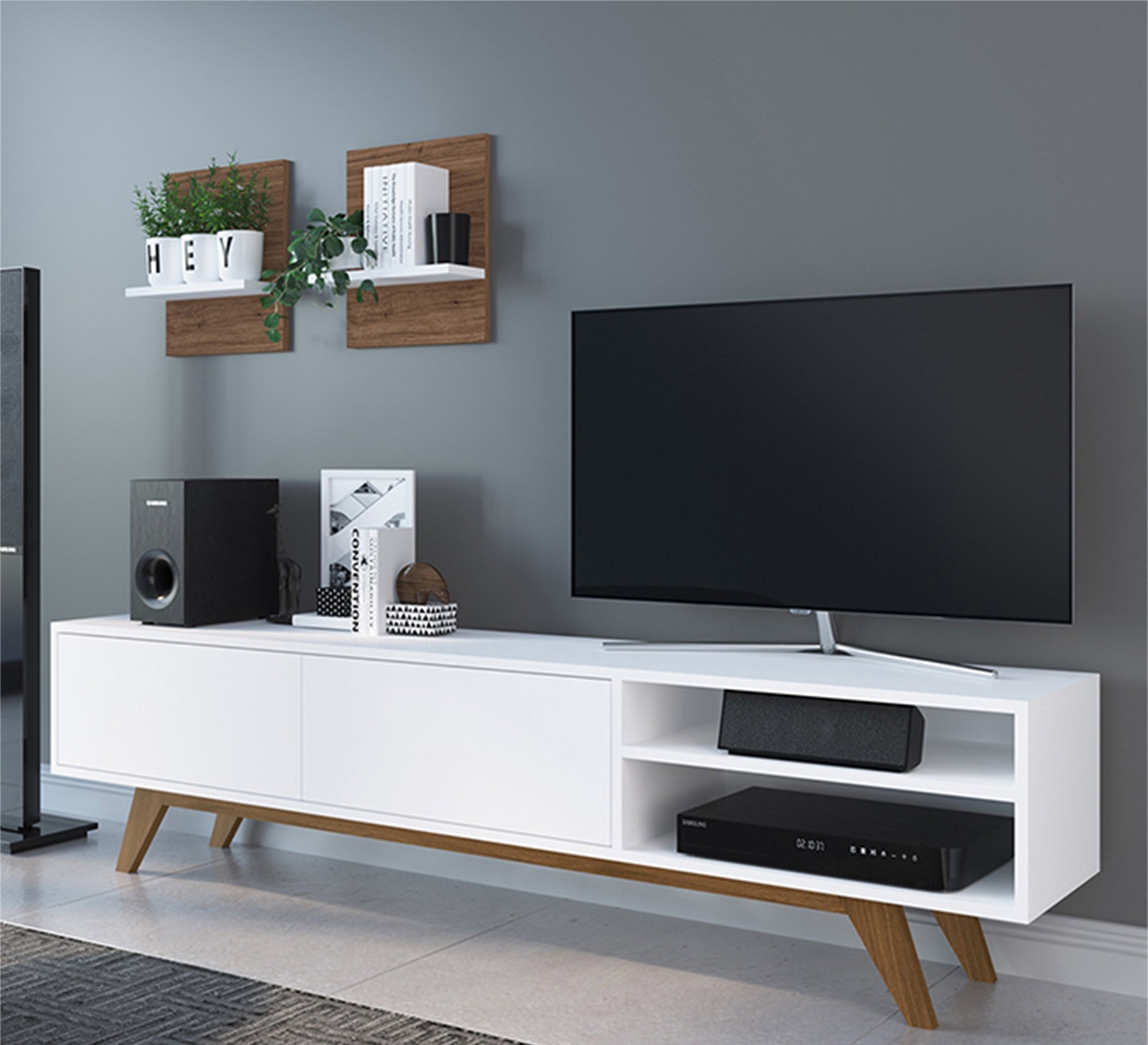 Stylish Living: White TV Table with High Brown Legs Elegance