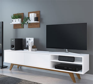 Stylish Living: White TV Table with High Brown Legs Elegance