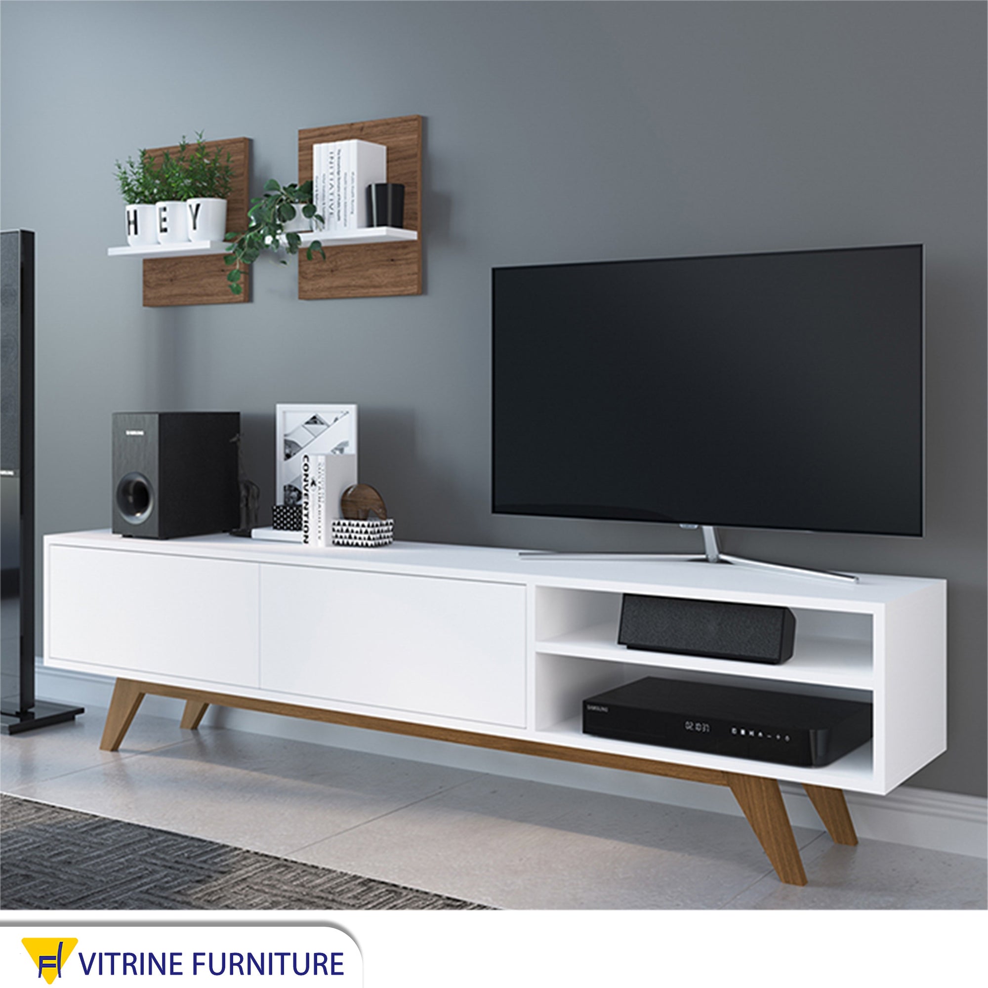 White TV table with high brown legs