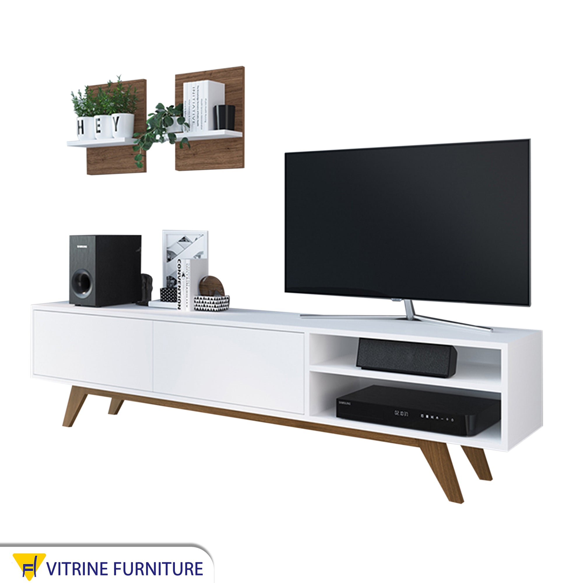 White TV table with high brown legs