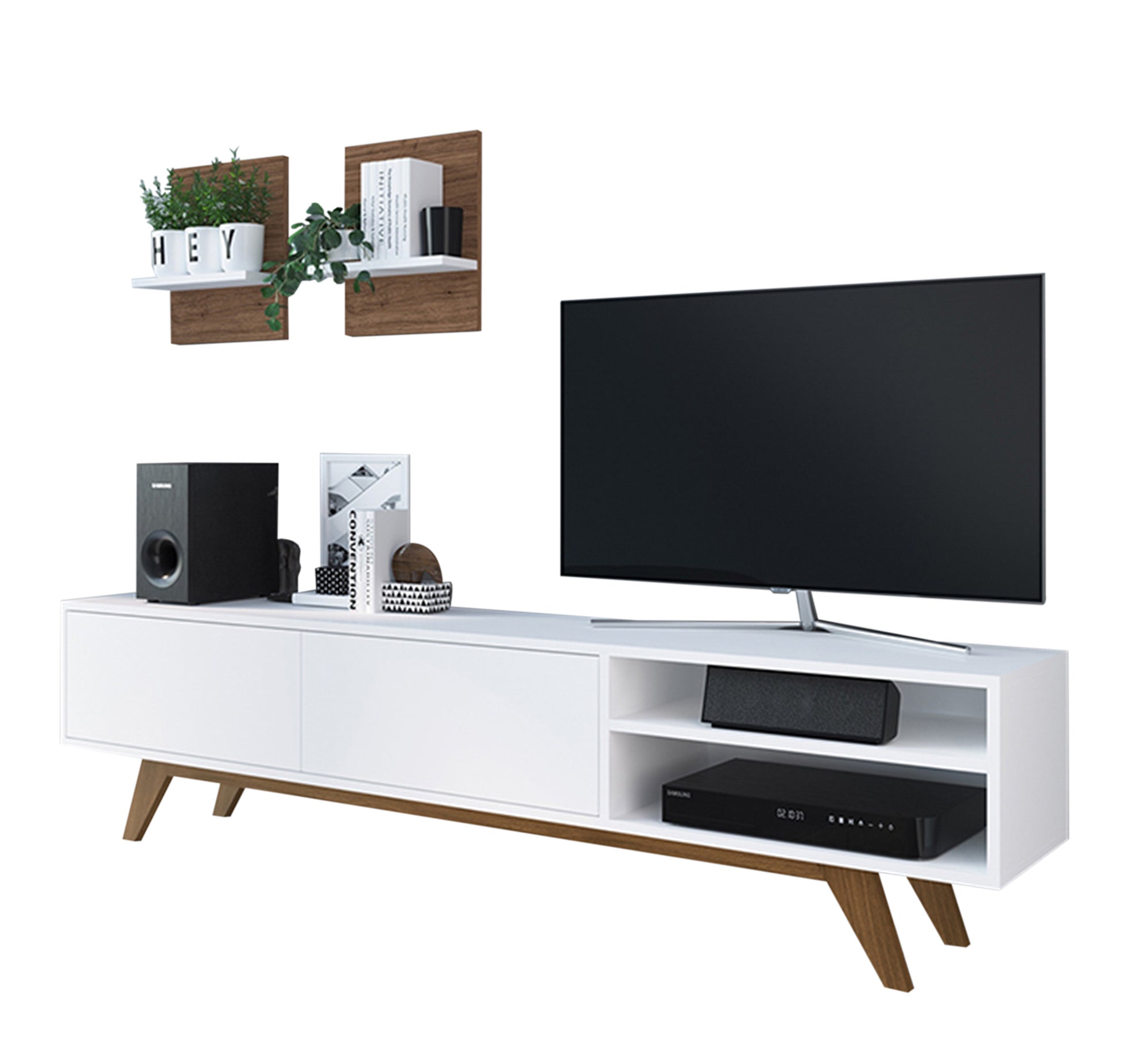 Stylish Living: White TV Table with High Brown Legs Elegance