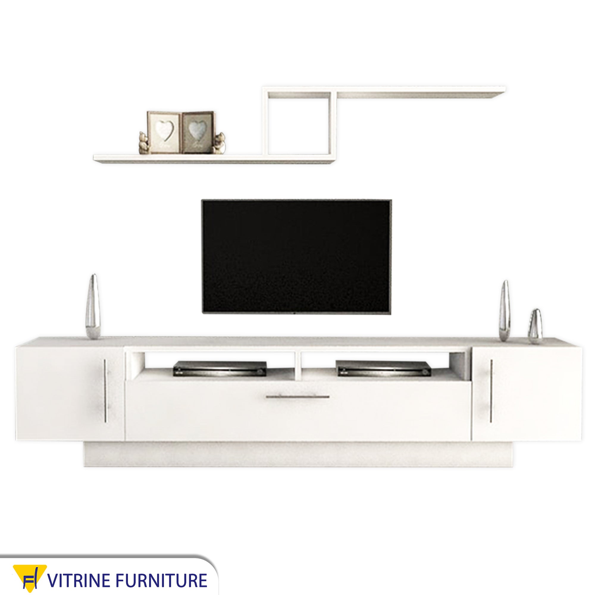 A white TV table with two small shelves