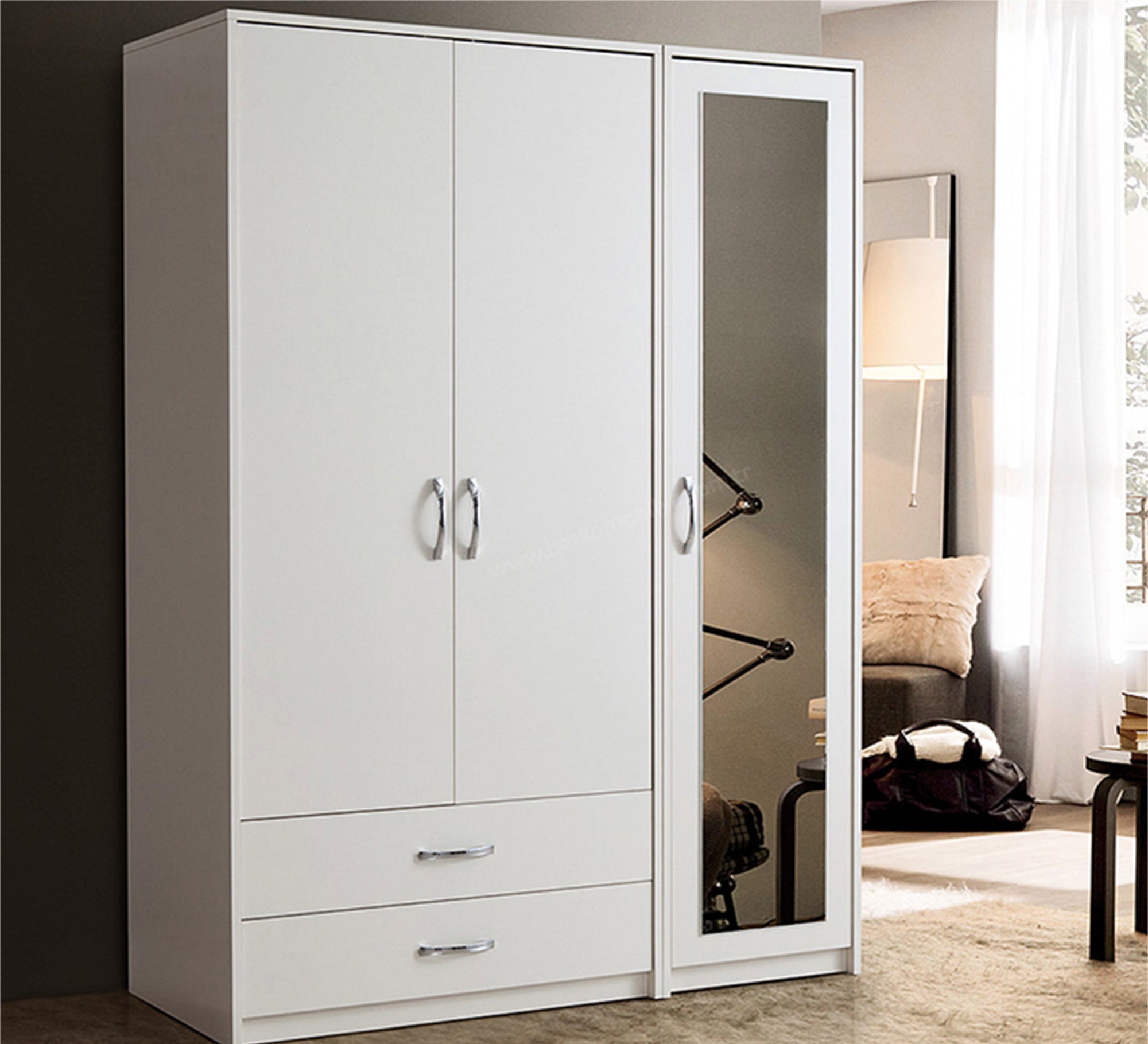 3-Door Cupboard: Sleek White Mirrored Elegance