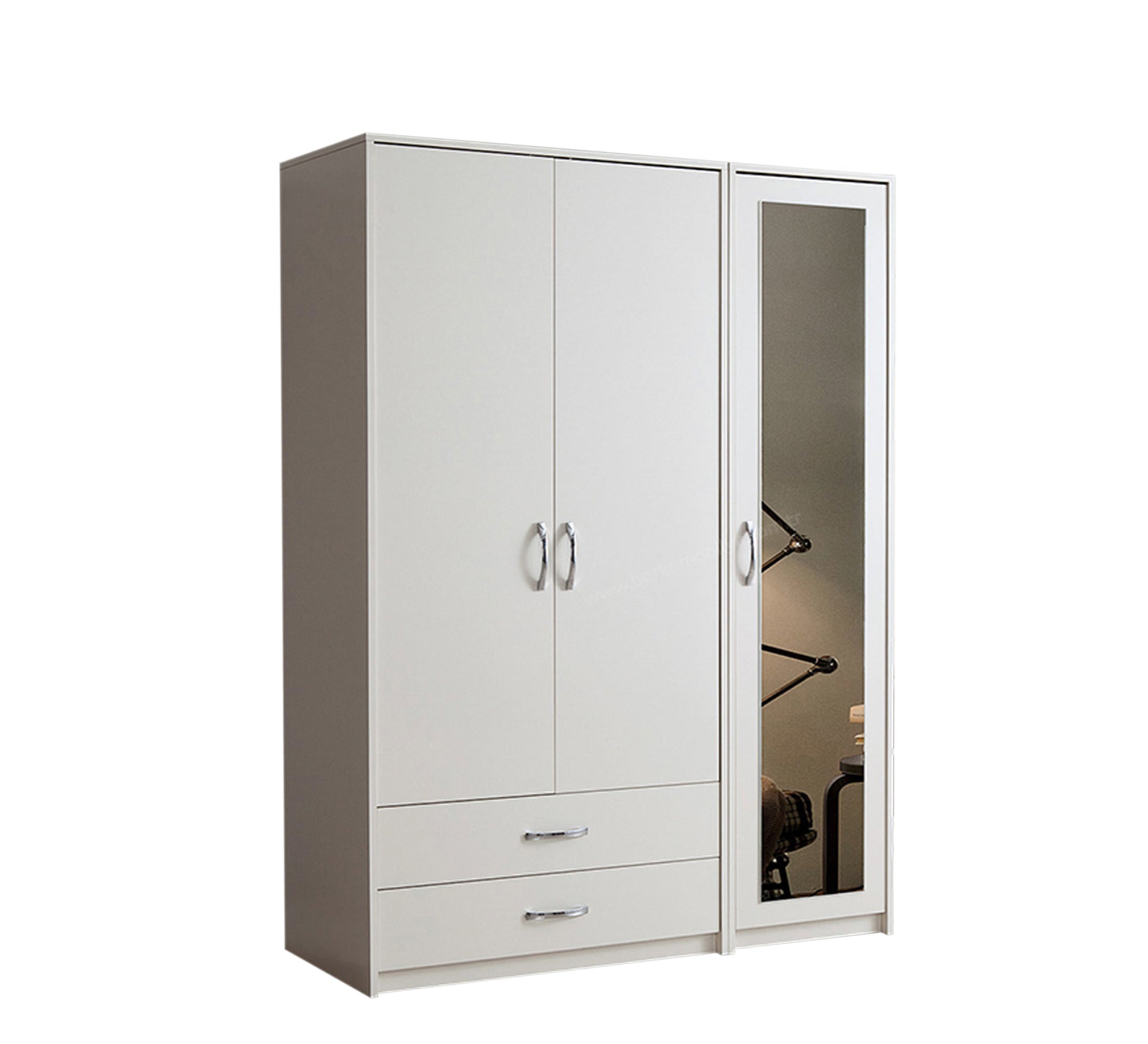 3-Door Cupboard: Sleek White Mirrored Elegance