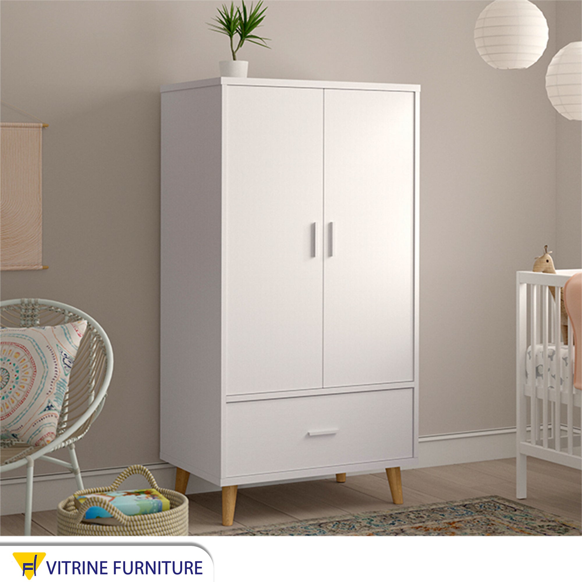 Double-door wardrobe with a large drawer and high legs