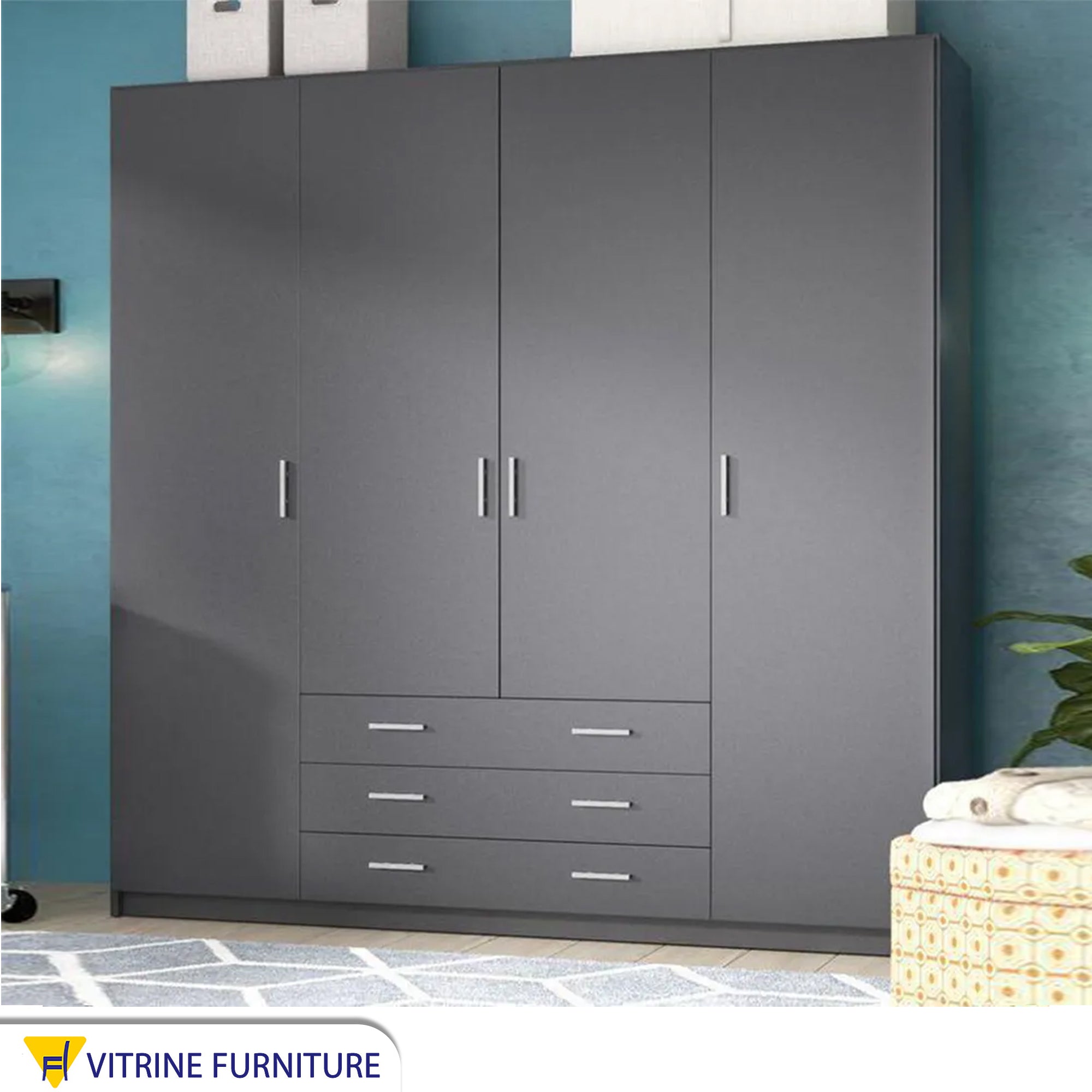 A large gray dresser with four doors and six drawers