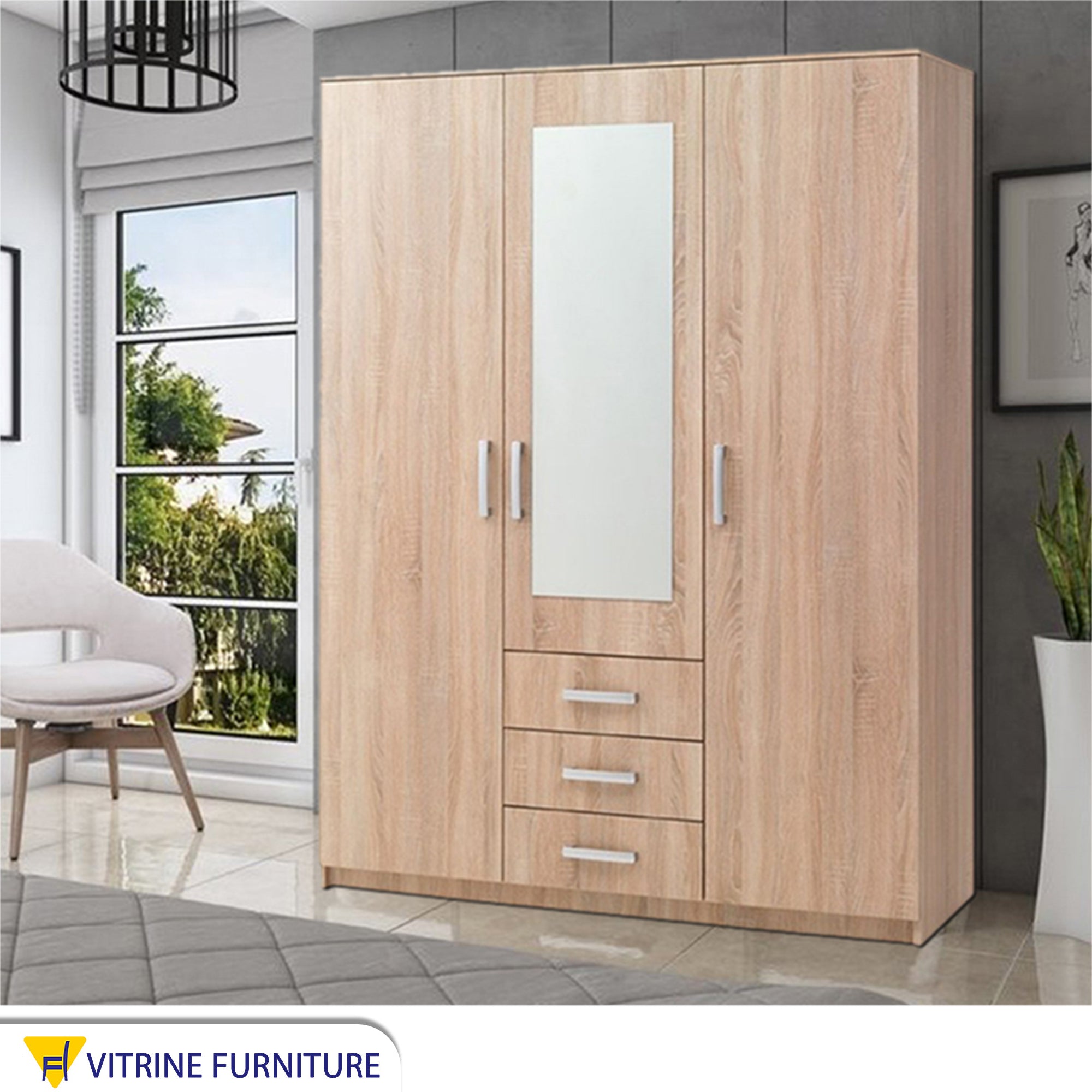 A beige wardrobe with three doors, including a mirrored door and three drawers